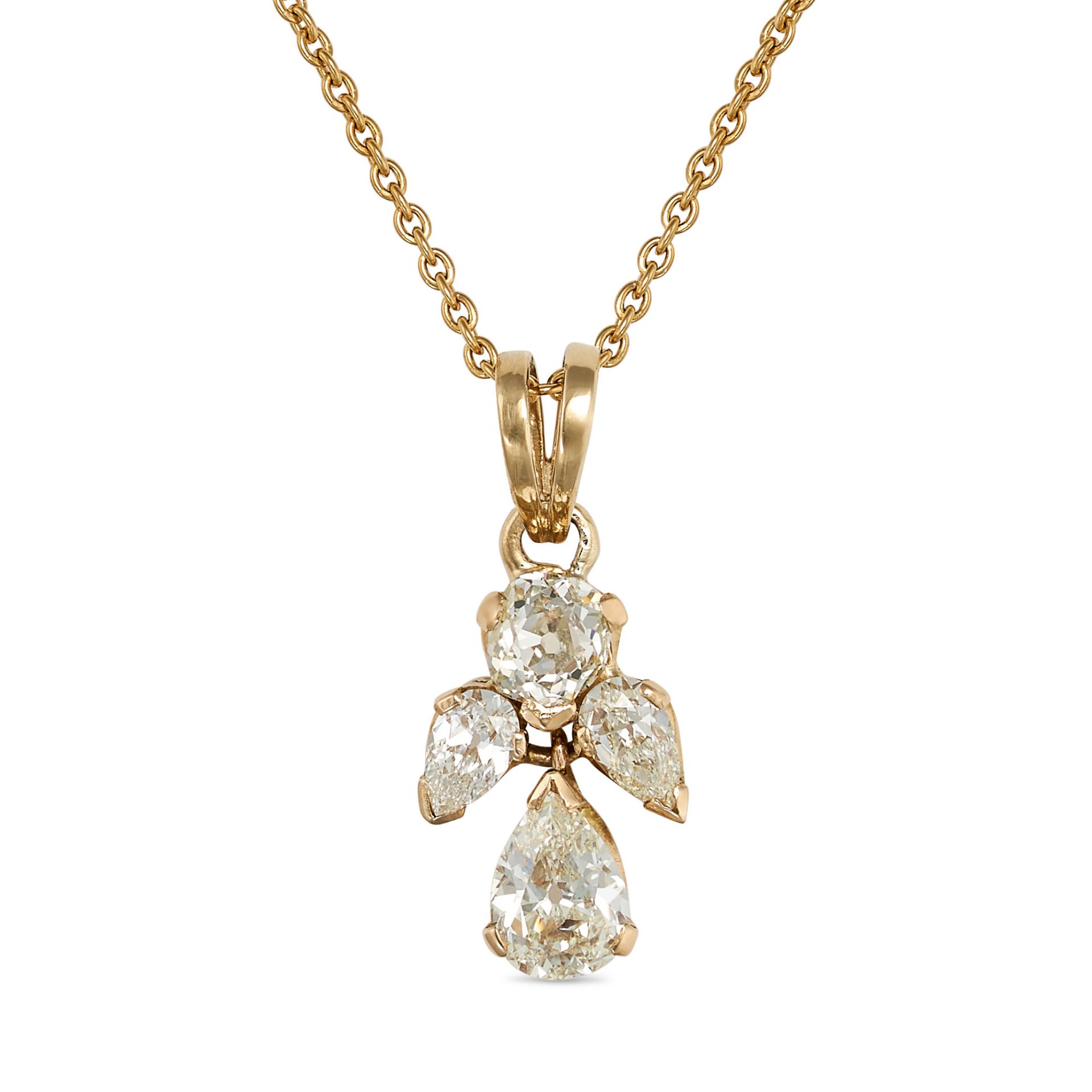 A DIAMOND PENDANT NECKLACE in 18ct yellow gold, the pendant set with an old cut diamond and two p...