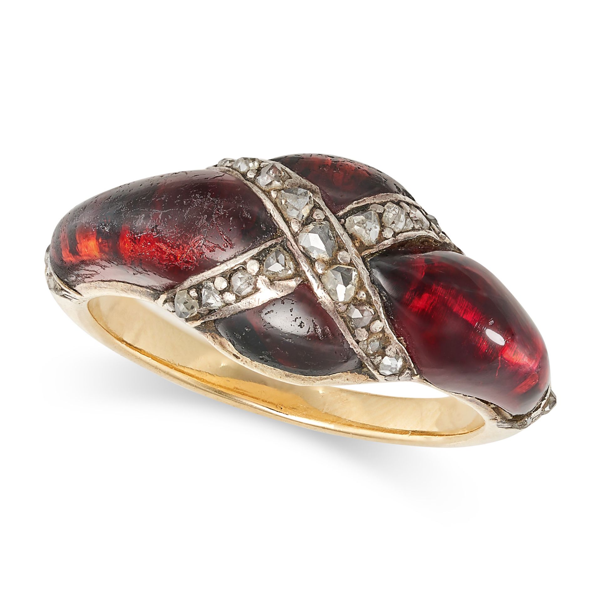 AN ANTIQUE GARNET AND DIAMOND RING in yellow gold, set with cabochon garnets accented by rows of ...