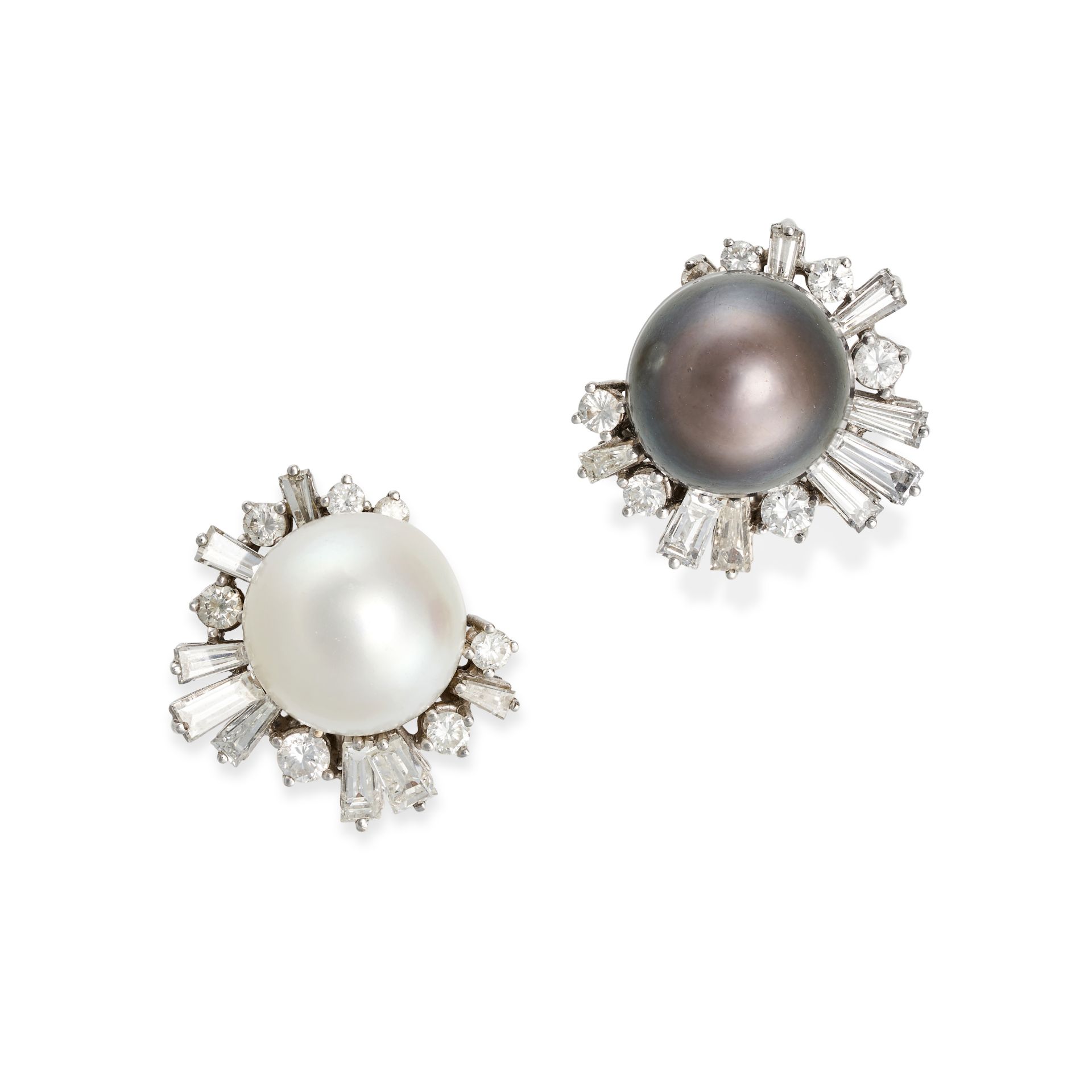 A PAIR OF PEARL AND DIAMOND EARRINGS in 18ct white gold, set with a black and white pearl respect...