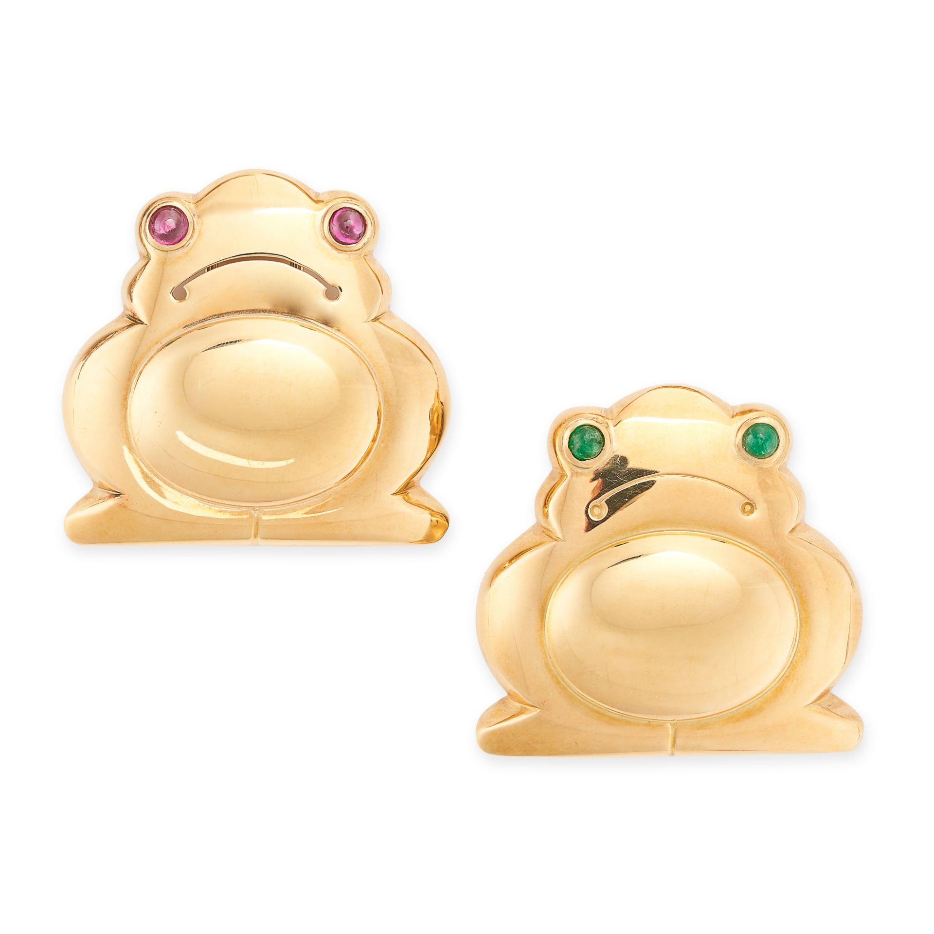 A PAIR OF VINTAGE RUBY AND EMERALD FROG CLIP BROOCHES in 18ct yellow gold, designed as two unhapp...