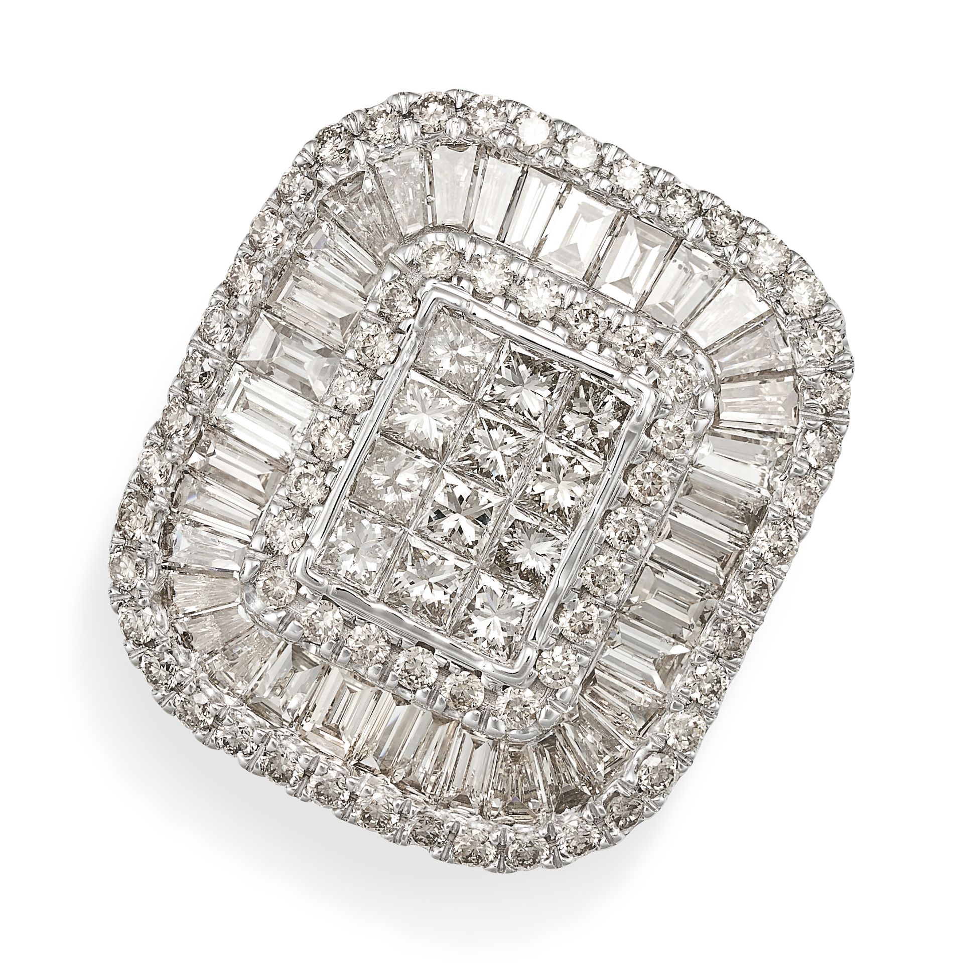 A DIAMOND DRESS RING in 9ct white gold, set with a cluster of princess cut diamonds in concentric...