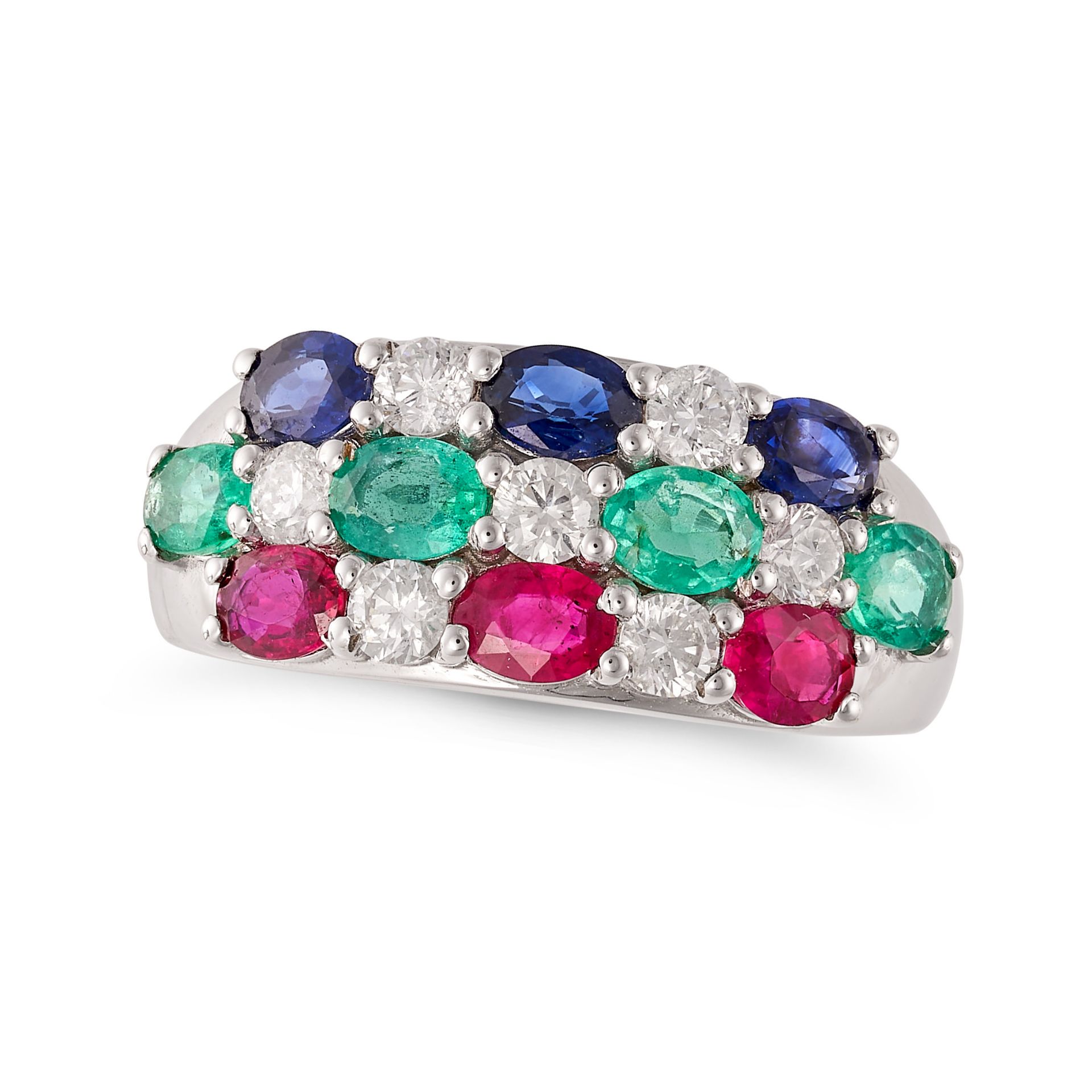 A RUBY, EMERALD, SAPPHIRE AND DIAMOND DRESS RING in 18ct white gold, set with rows of oval cut ru...