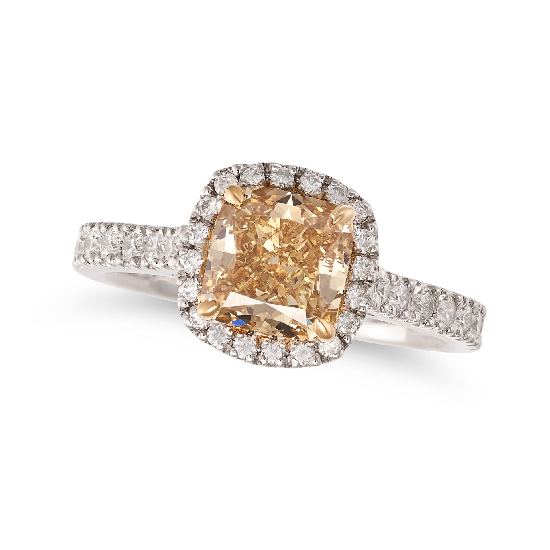 A YELLOW DIAMOND DRESS RING in platinum, set with a cushion cut yellow diamond of 1.90 carats in ...