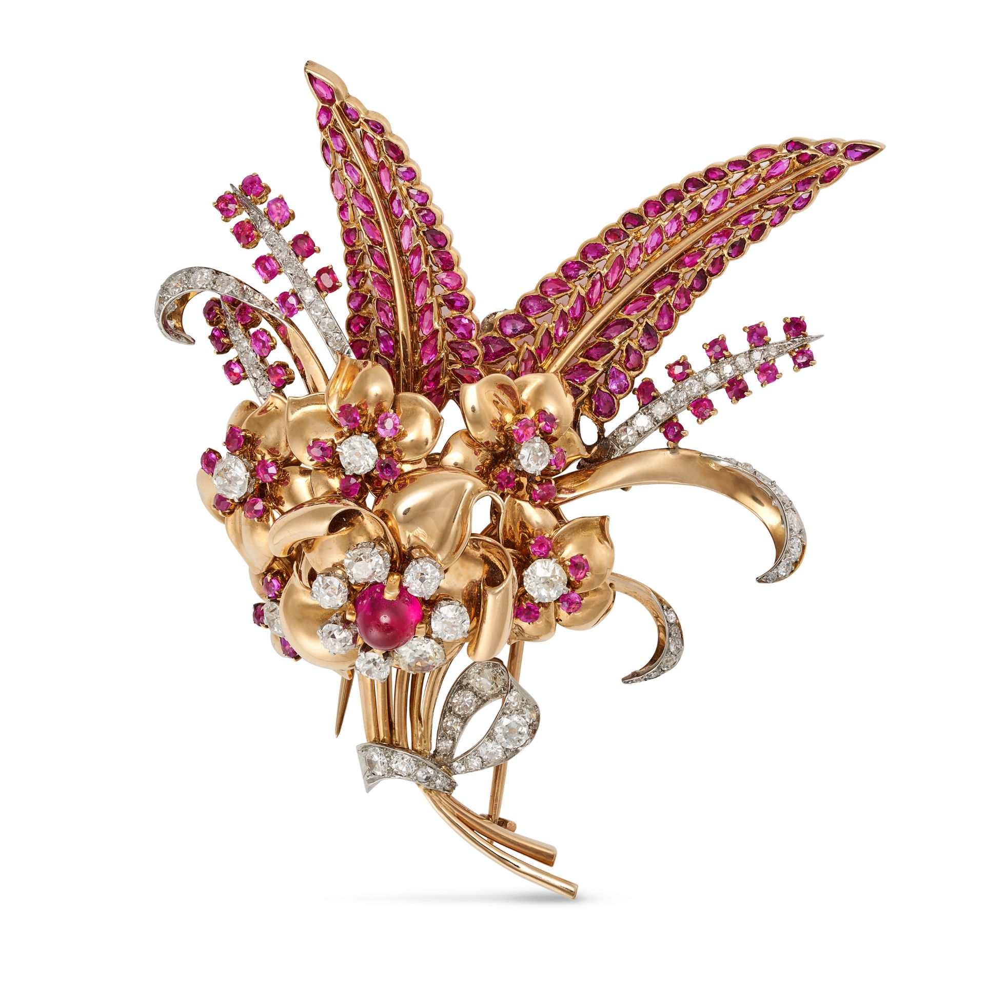 A VINTAGE RUBY AND DIAMOND FLORAL SPRAY BROOCH in 18ct yellow gold and platinum, designed as a fl...