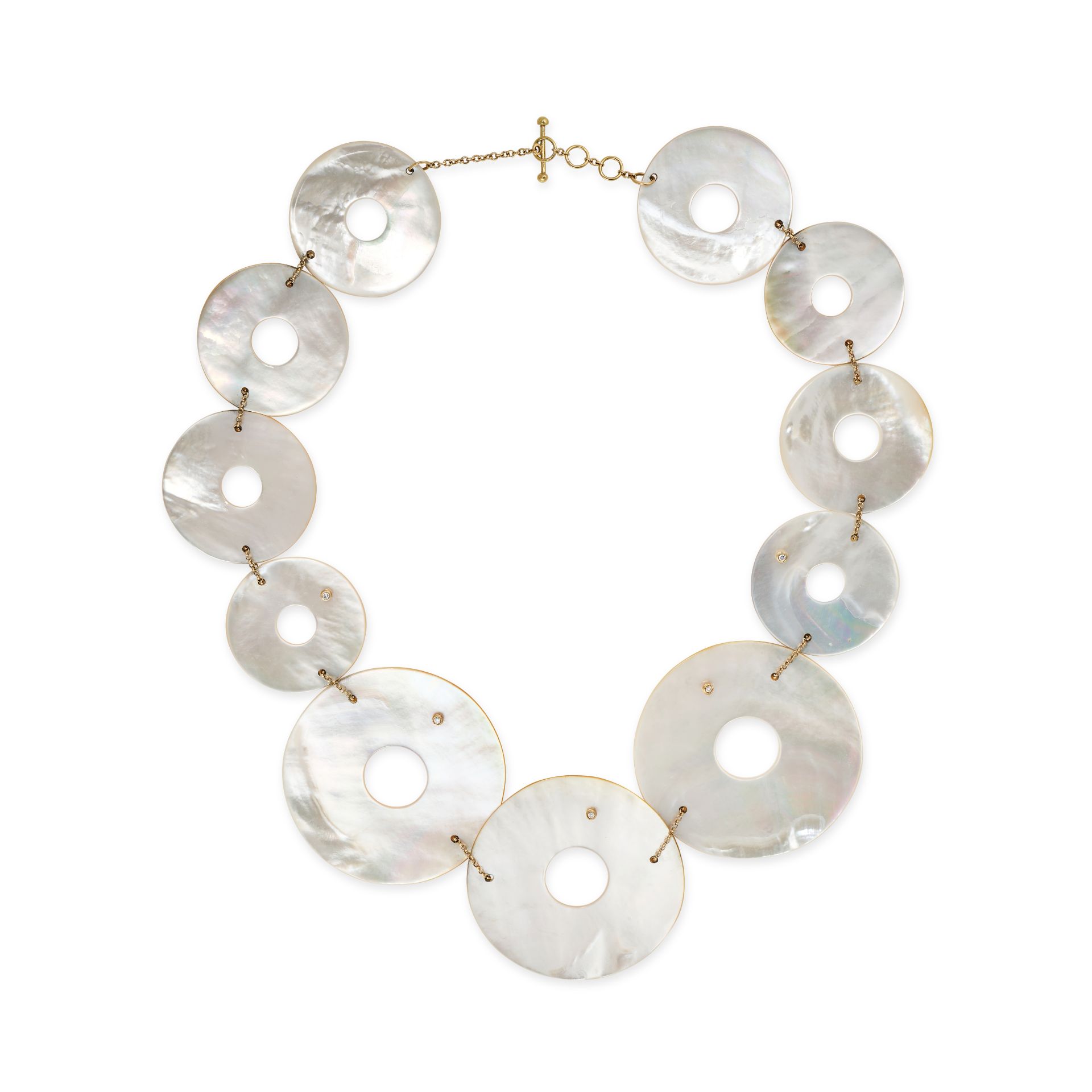 A VINTAGE MOTHER OF PEARL AND DIAMOND NECKLACE comprising a row of graduated mother of pearl disc... - Image 2 of 2