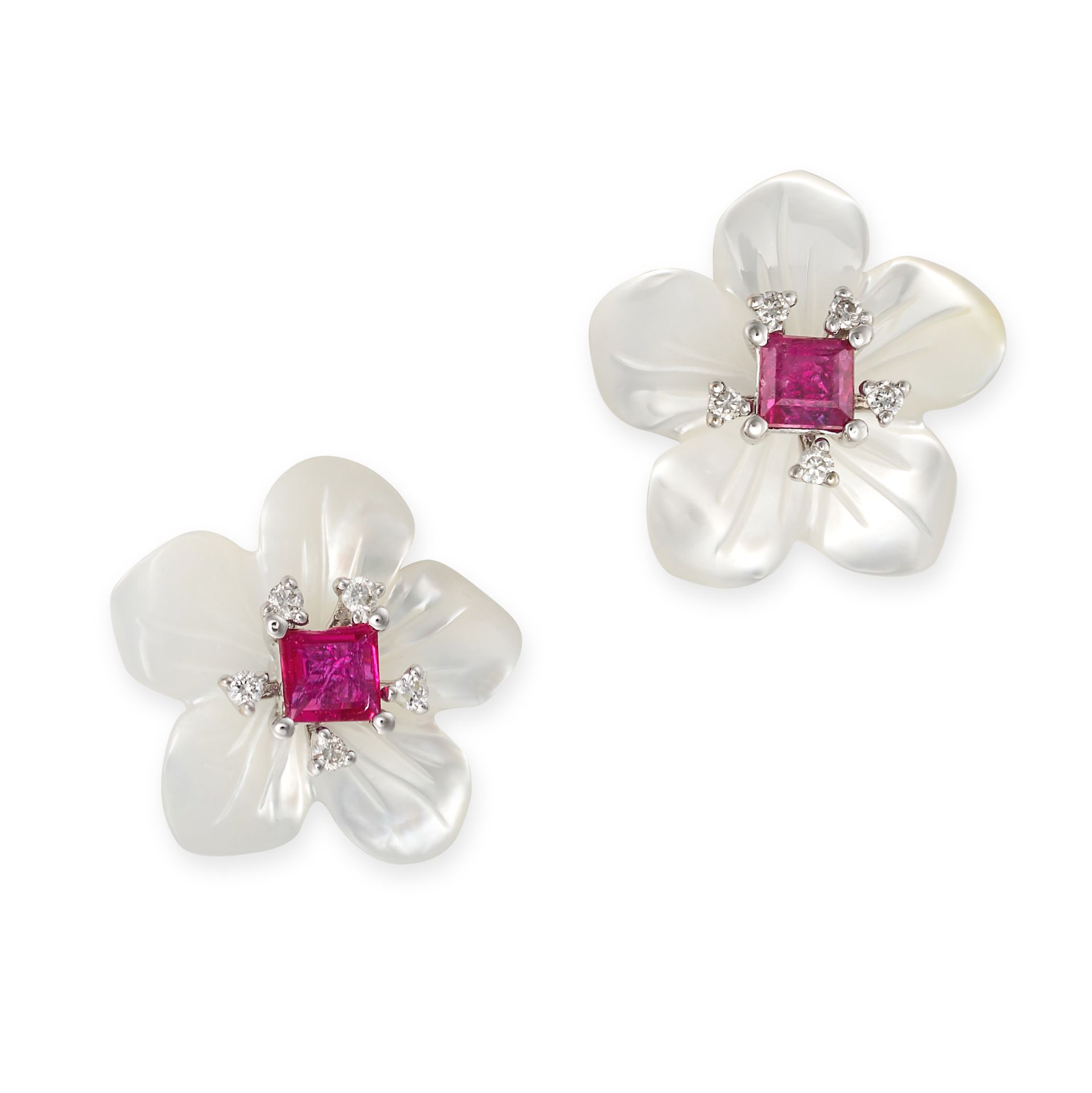 A PAIR OF MOTHER OF PEARL, RUBY AND DIAMOND FLOWER EARRINGS in 18ct white gold, each comprising a...