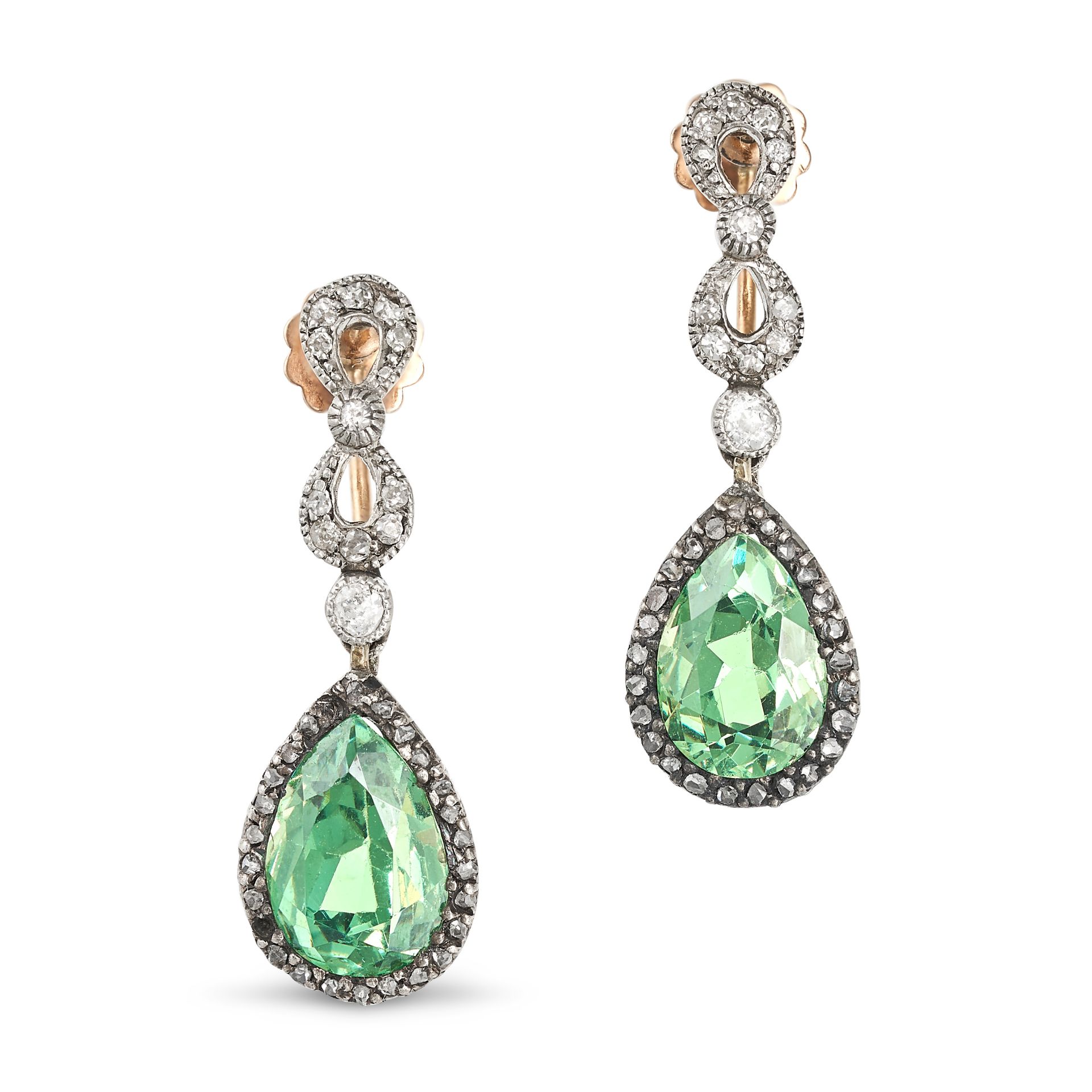 A PAIR OF VINTAGE GREEN PASTE AND DIAMOND DROP EARRINGS designed as a lovers knot set with old cu...