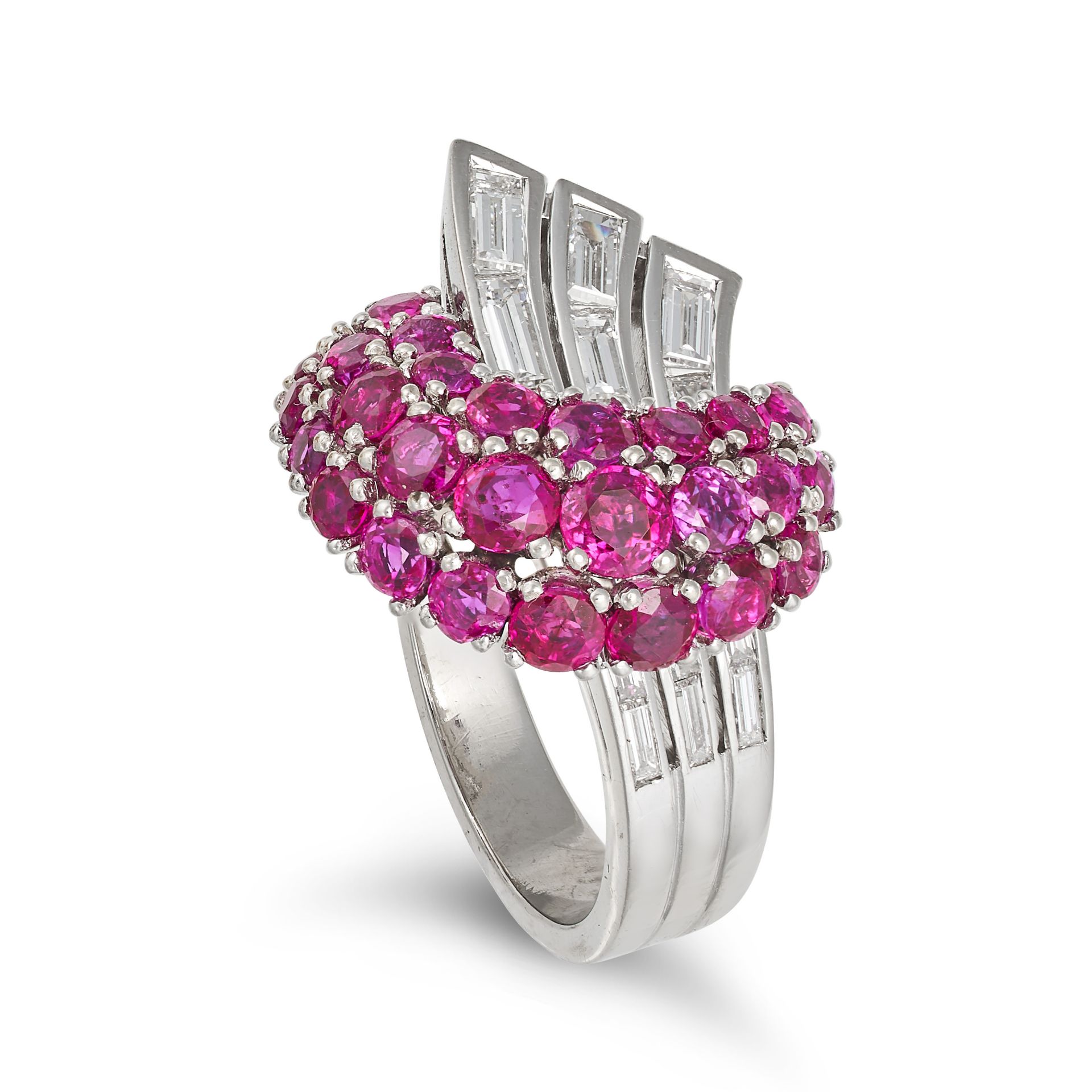 A RUBY AND DIAMOND RING in platinum, set with three rows of round cut rubies accented by a spray ... - Image 2 of 2