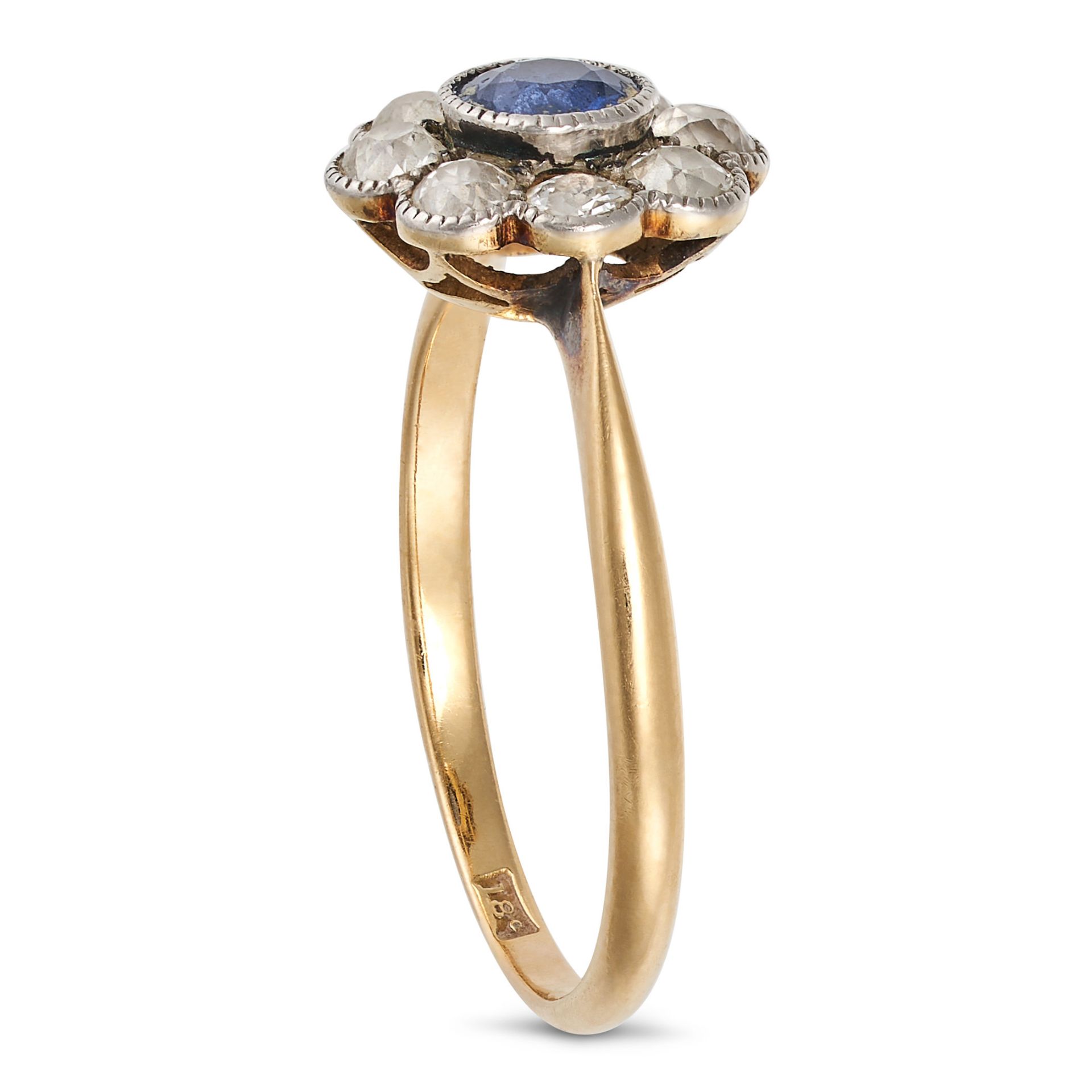 A VINTAGE SAPPHIRE AND DIAMOND CLUSTER RING in 18ct yellow gold, set to the centre with a round c... - Image 2 of 2