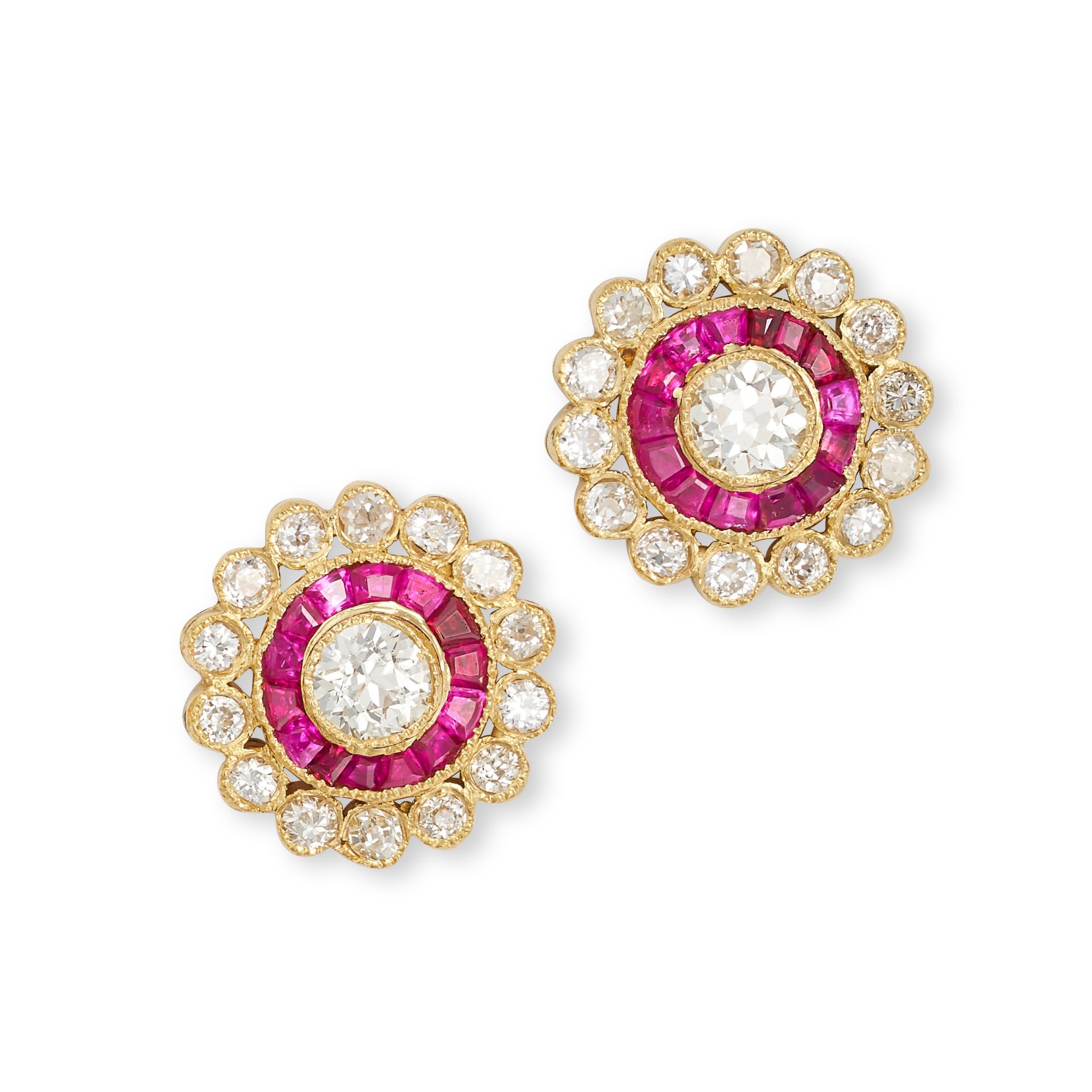 A PAIR OF DIAMOND AND RUBY TARGET EARRINGS