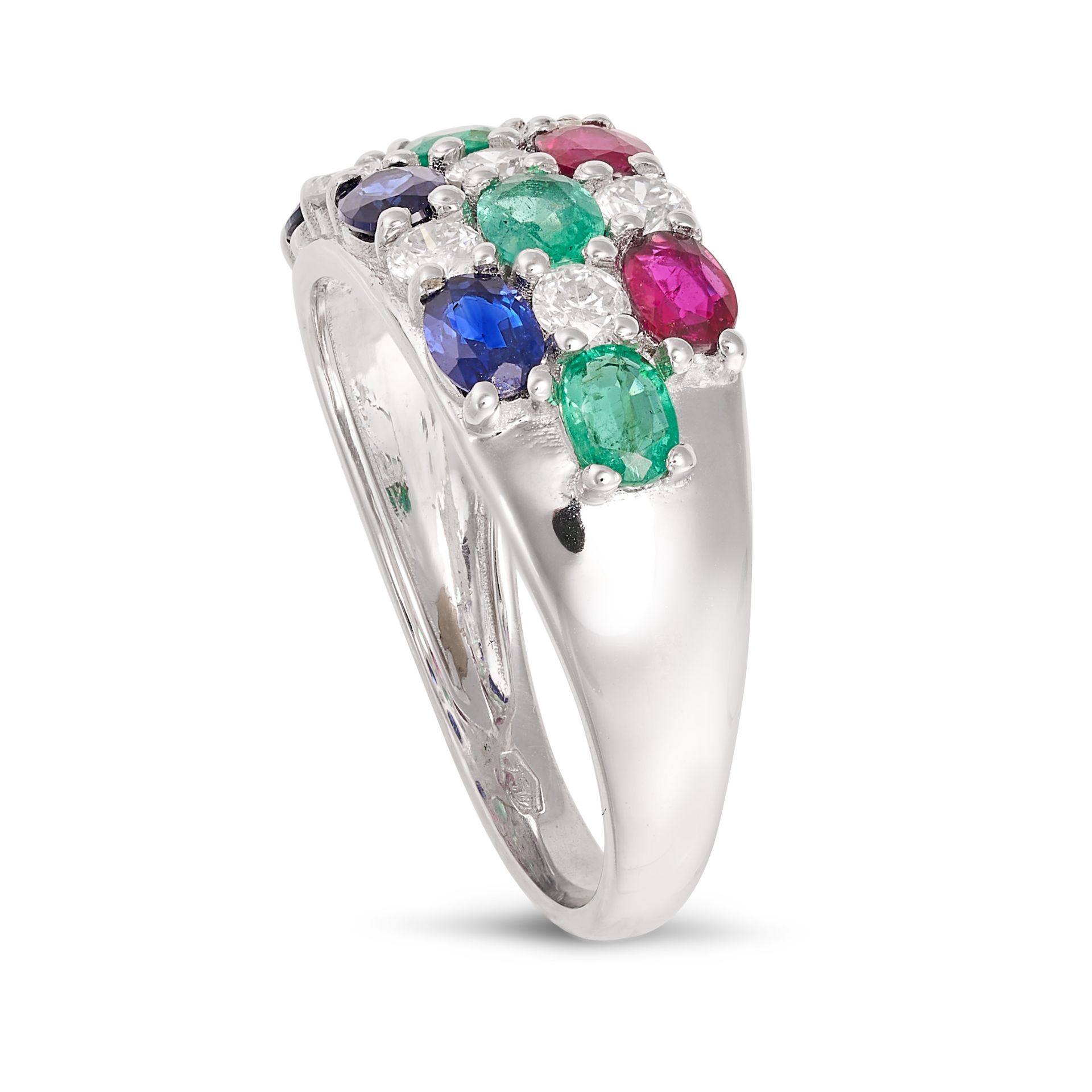 A RUBY, EMERALD, SAPPHIRE AND DIAMOND DRESS RING in 18ct white gold, set with rows of oval cut ru... - Image 2 of 2