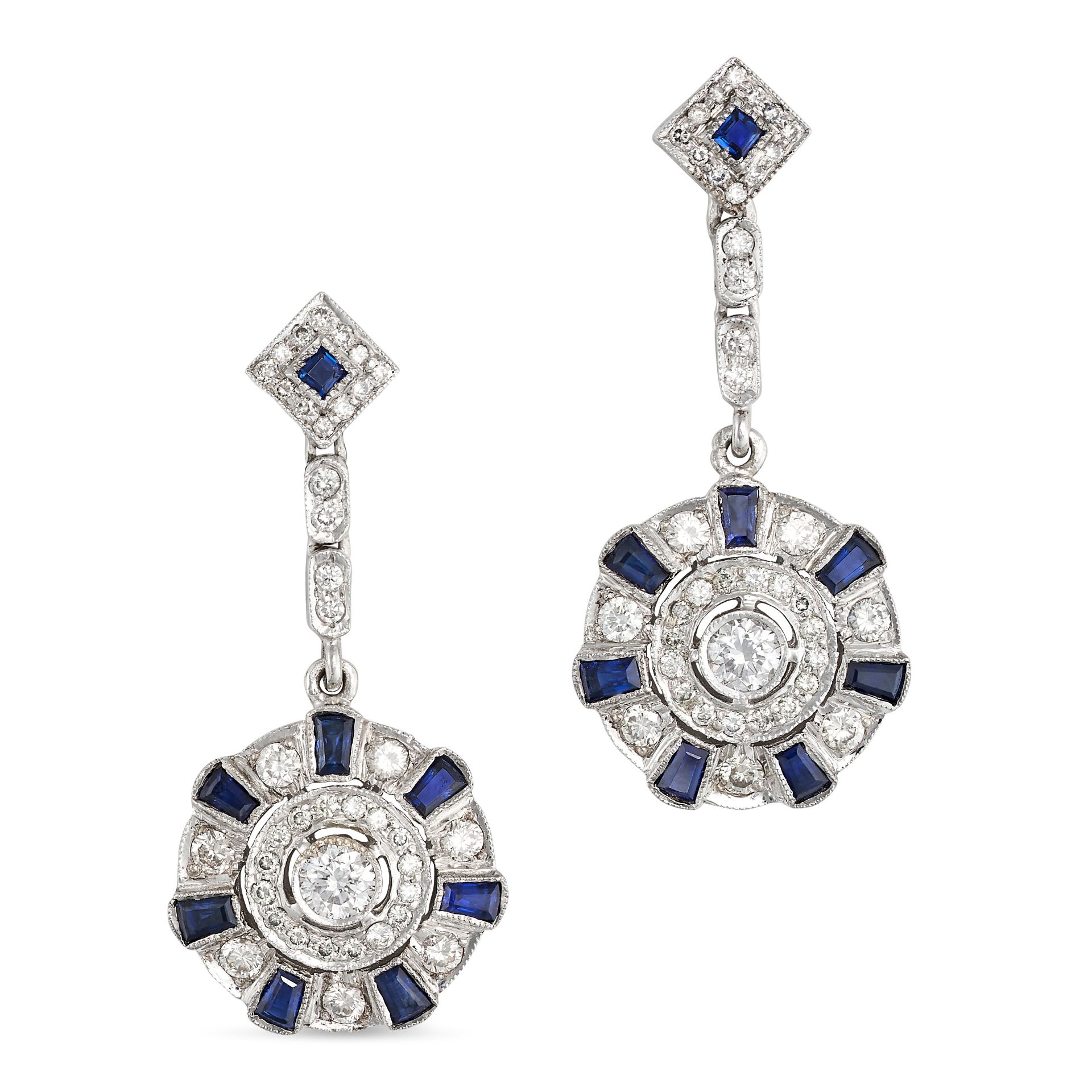 A PAIR OF SAPPHIRE AND DIAMOND DROP EARRINGS in 18ct white gold, each comprising a square step cu...
