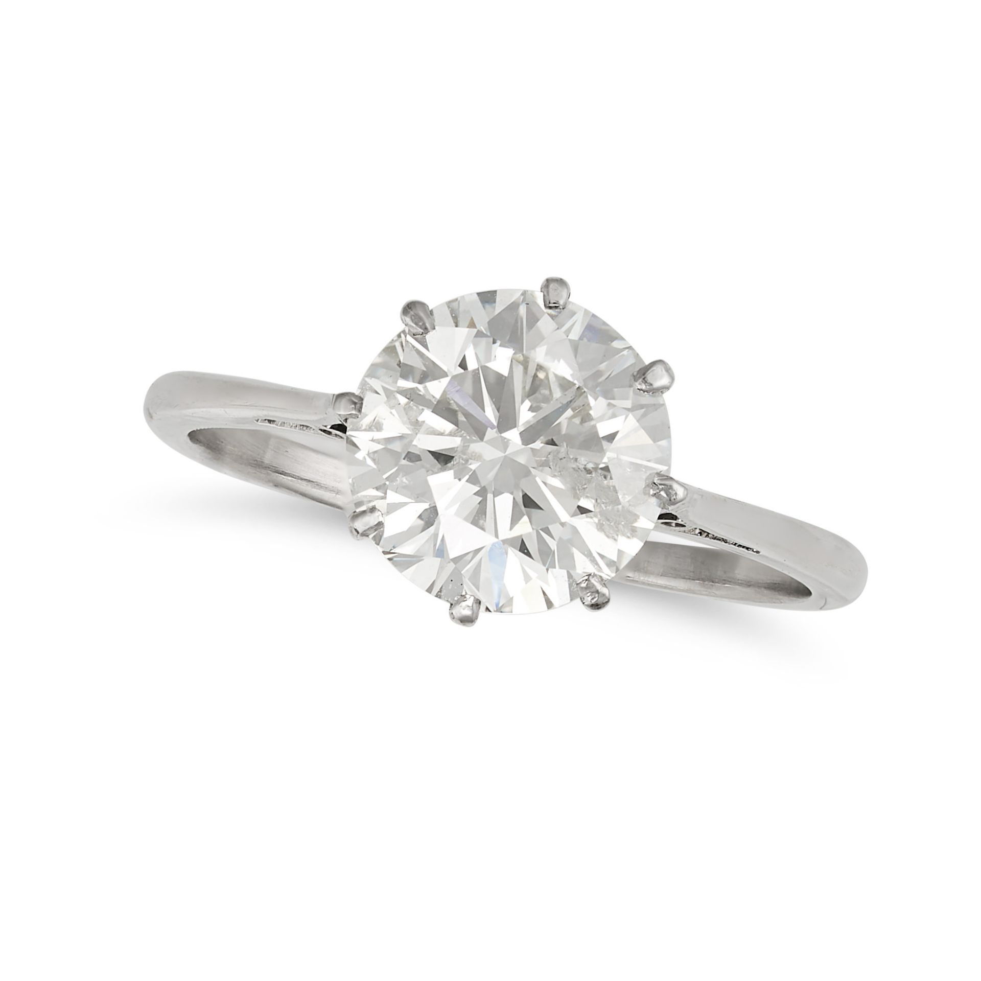 A 2.02 CARAT SOLITAIRE DIAMOND RING set with a round brilliant cut diamond of 2.02 carats, no ass...