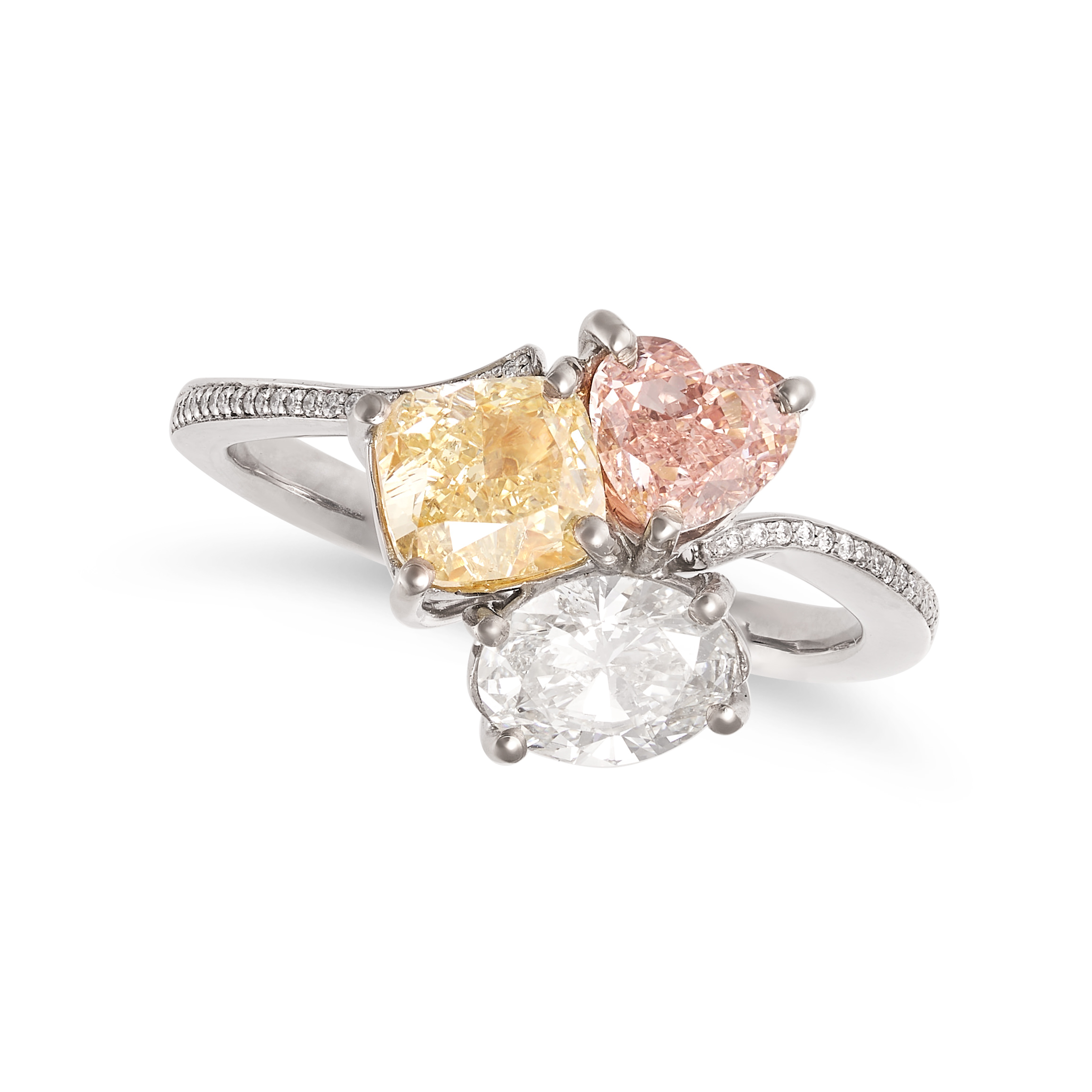 A FANCY COLOURED DIAMOND DRESS RING in 18ct white gold, set with a pink heart cut diamond of 0.63...