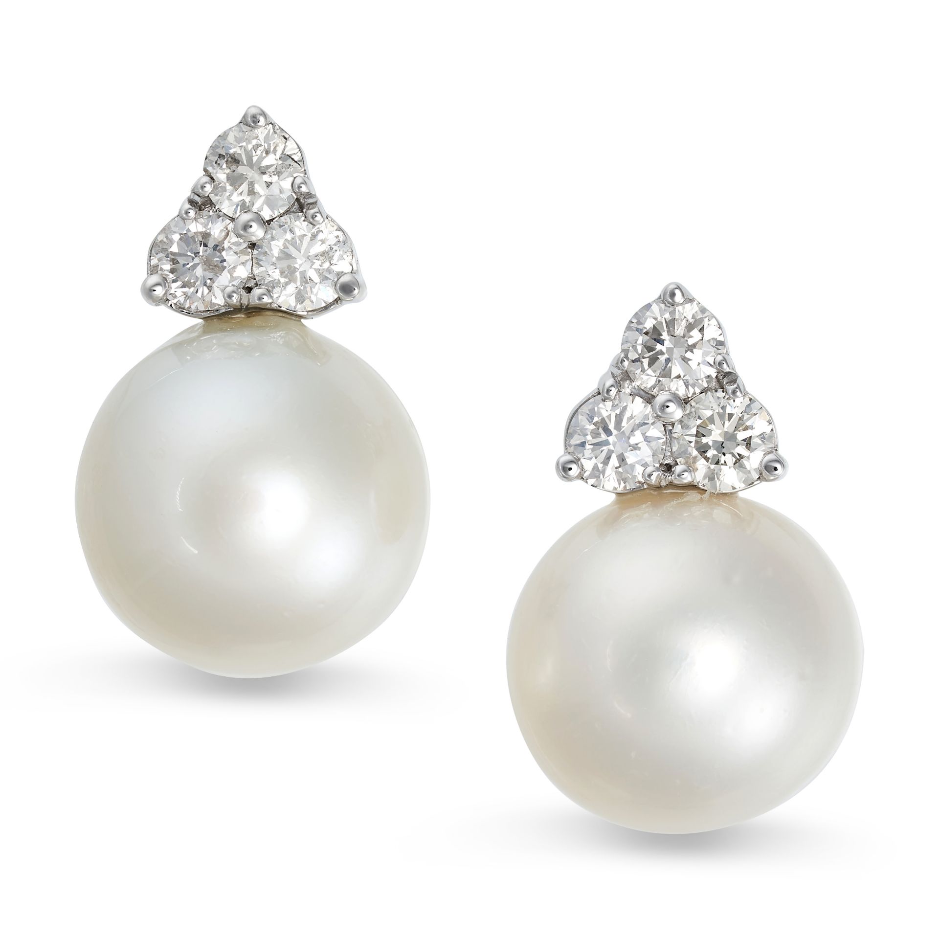 A PAIR OF SOUTH SEA PEARL AND DIAMOND EARRINGS in 18ct white gold, each set with a trio of round ...