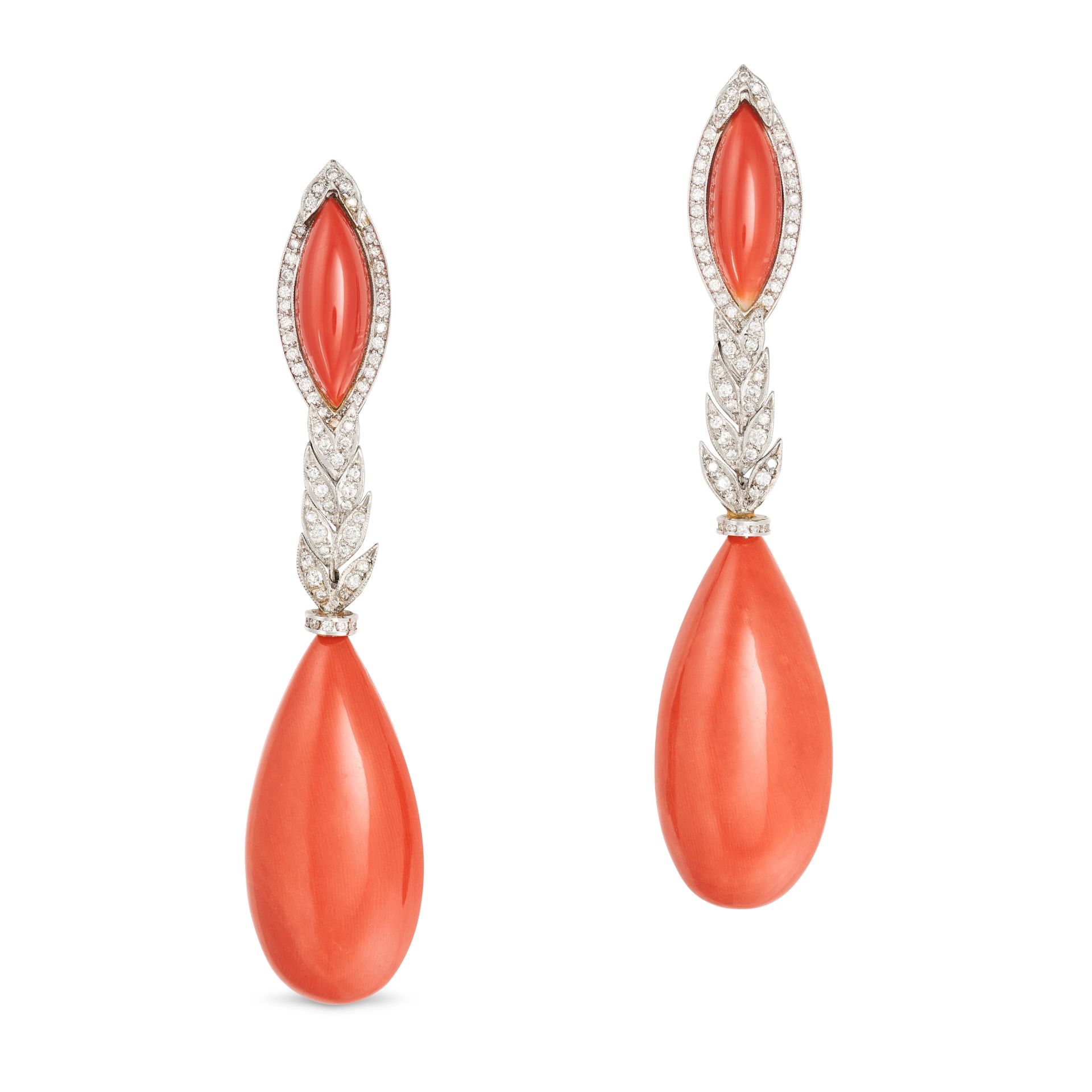 A PAIR OF CORAL AND DIAMOND DROP EARRINGS in 18ct white gold, each set with a marquise shaped cor...