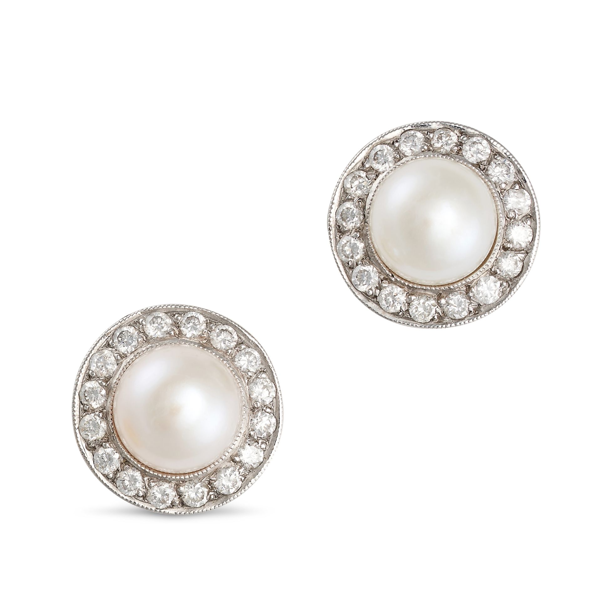 A PAIR OF PEARL AND DIAMOND EARRINGS in 18ct white and yellow gold, each set with a pearl of 8.4m...