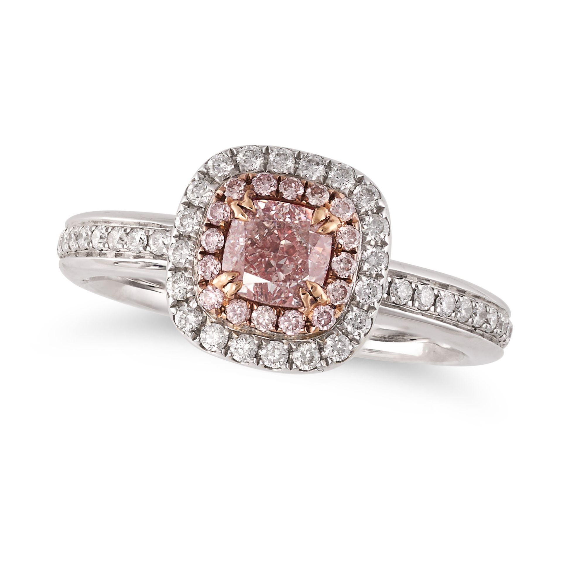 A PINK DIAMOND CLUSTER RING in 18ct white gold, set with a cushion cut pink diamond of 0.71 carat...