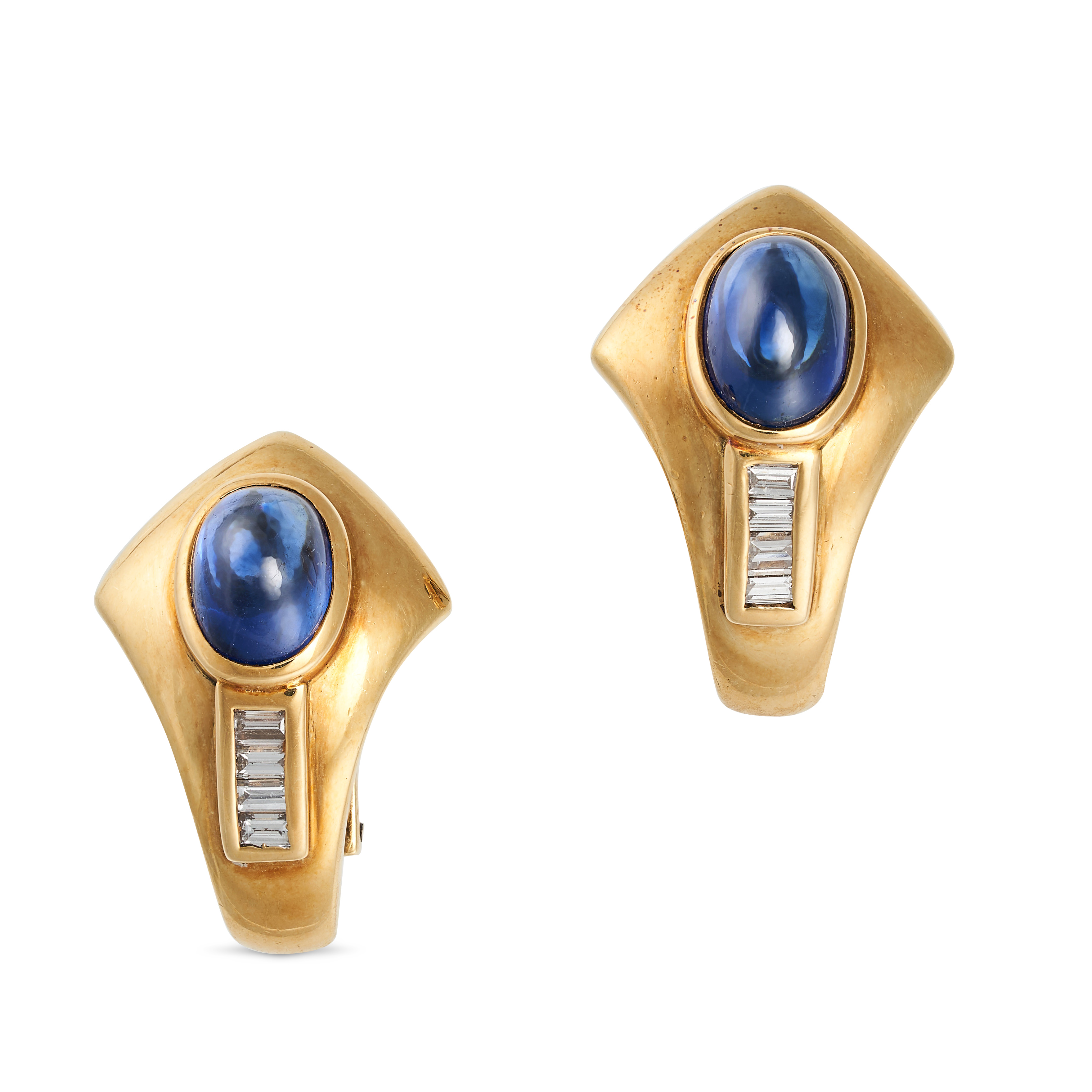 A PAIR OF VINTAGE SAPPHIRE AND DIAMOND EARRINGS in 18ct yellow gold, each set with an oval caboch...