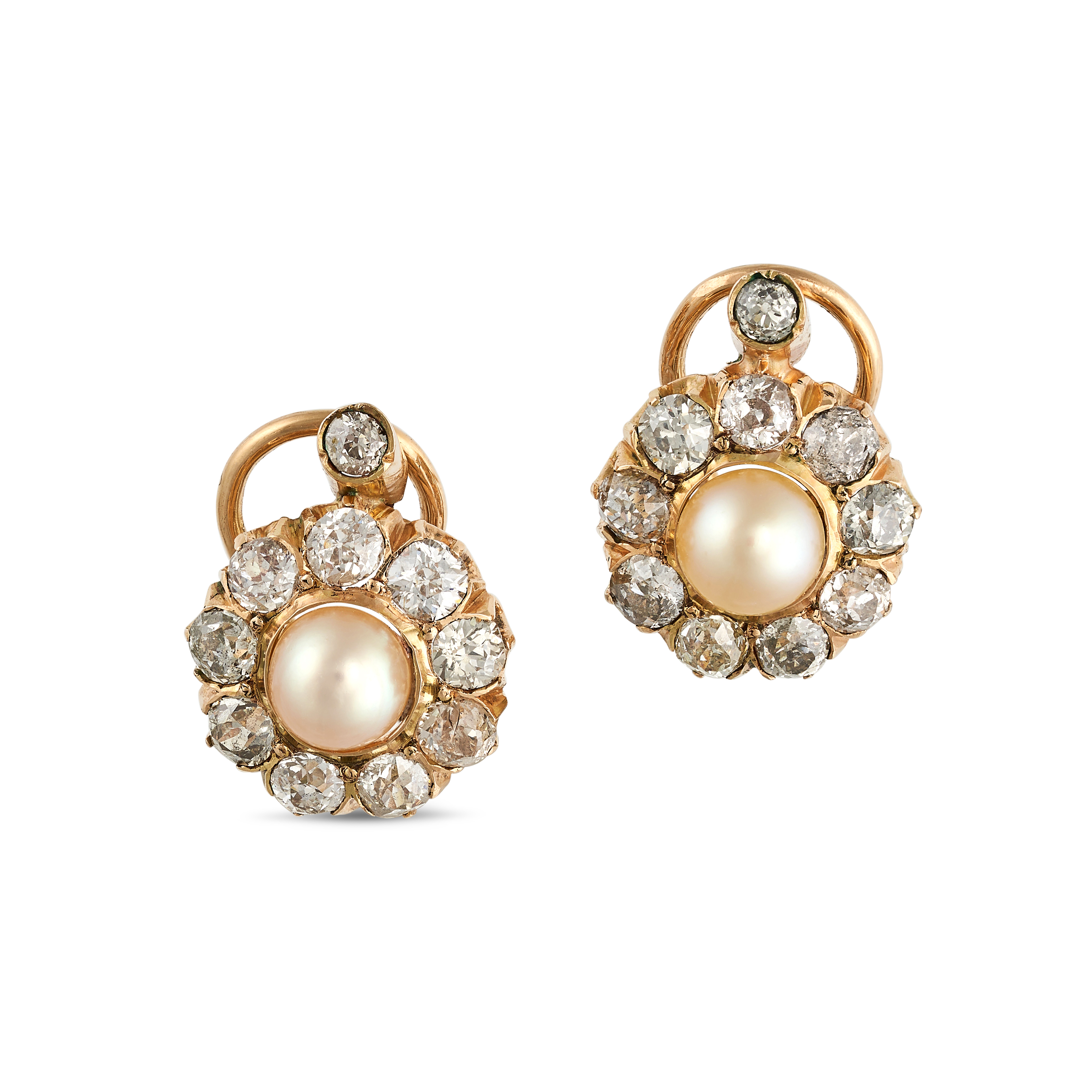 A PAIR OF NATURAL PEARL AND DIAMOND CLUSTER EARRINGS in 18ct yellow gold, each comprising an old ...