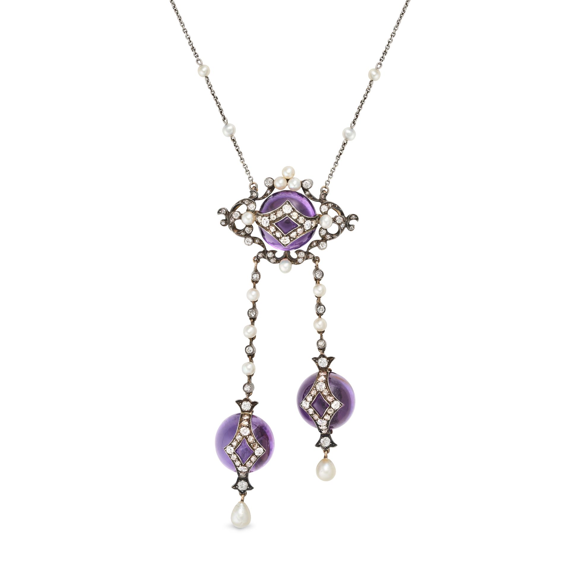 AN ANTIQUE AMETHYST, DIAMOND AND PEARL NEGLIGEE PENDANT NECKLACE, 19TH CENTURY AND LATER in yello...