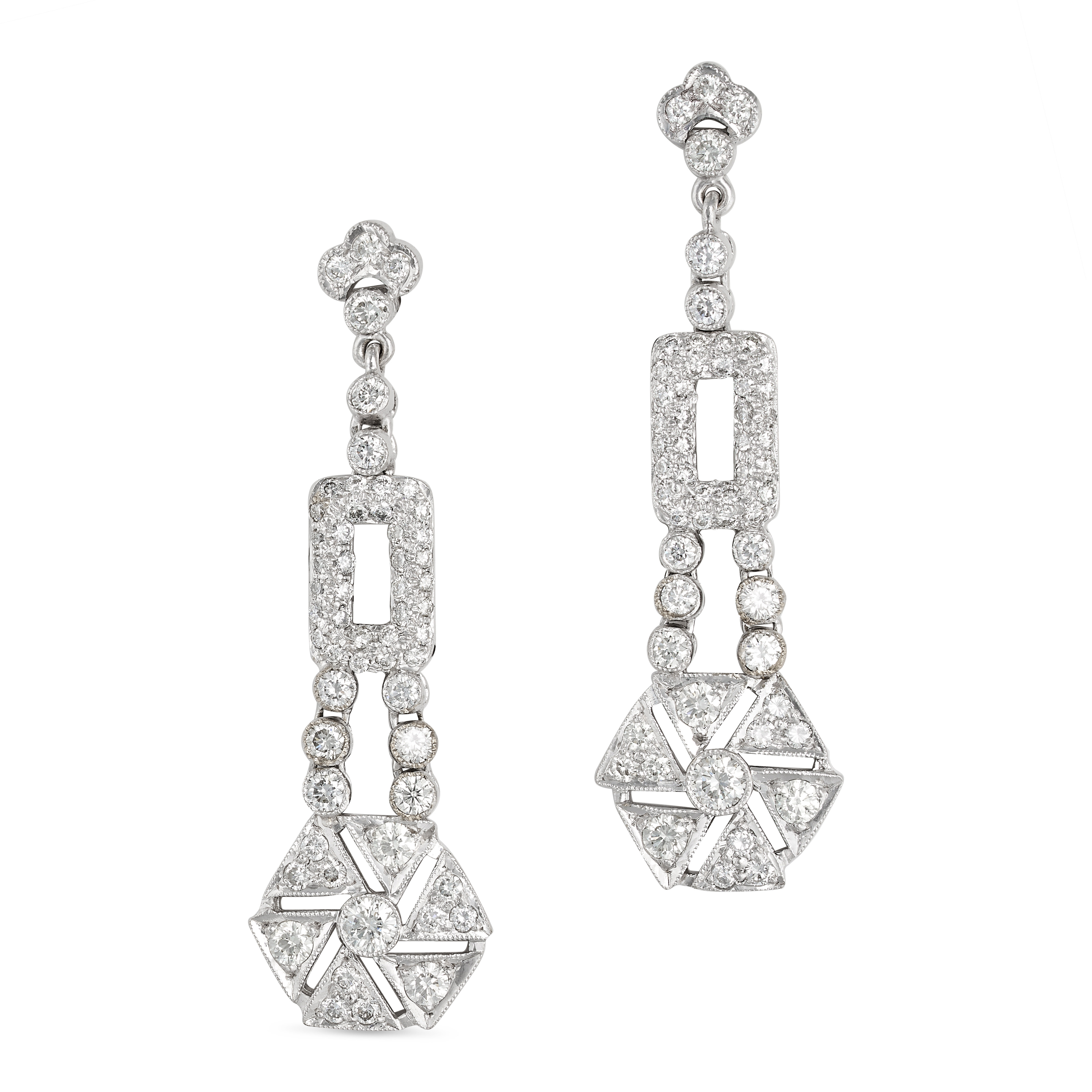 A PAIR OF DIAMOND DROP EARRINGS in 18ct white gold, set with a cluster of round brilliant cut dia...