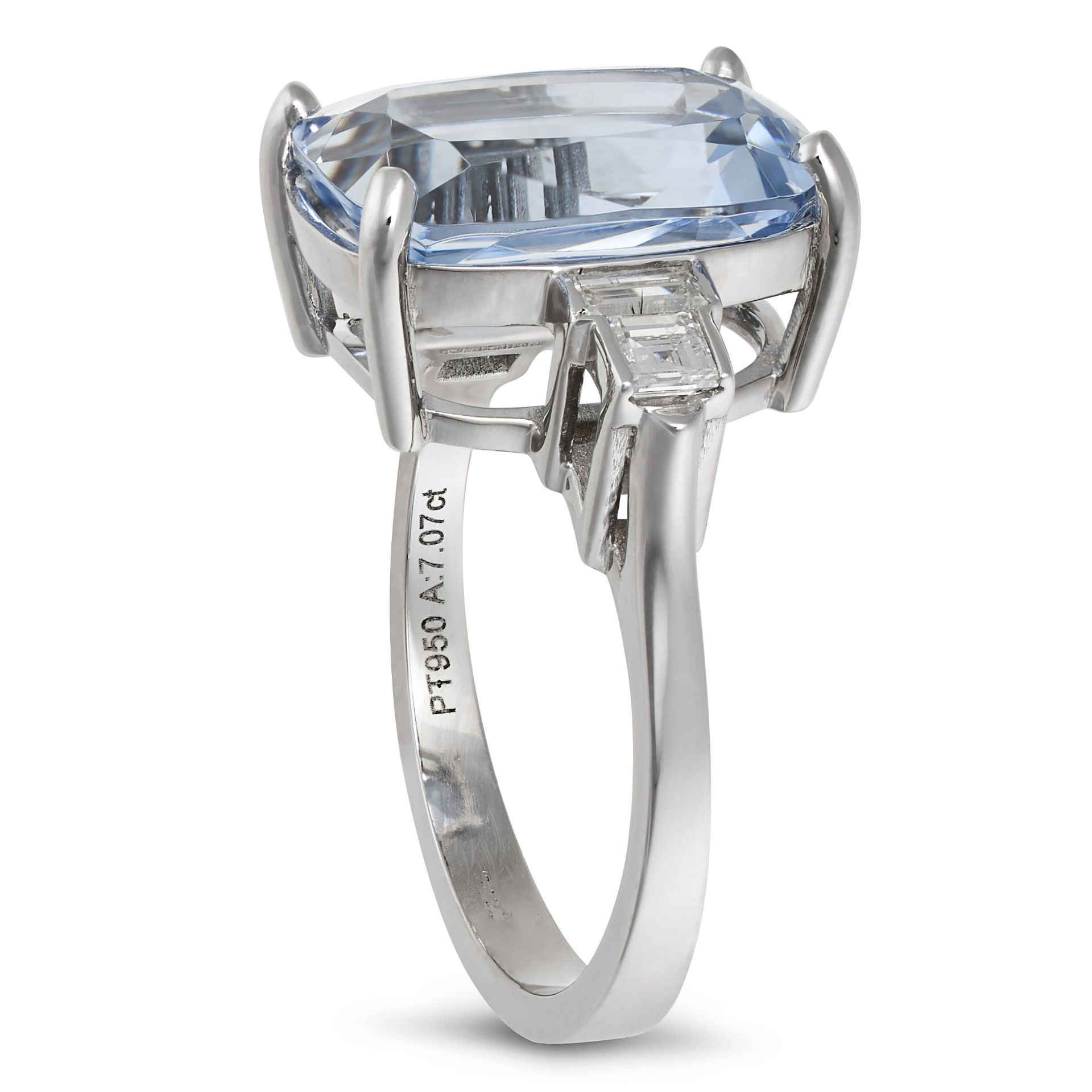 AN AQUAMARINE AND DIAMOND DRESS RING in platinum, set with a cushion cut aquamarine of 7.07 carat... - Image 2 of 2