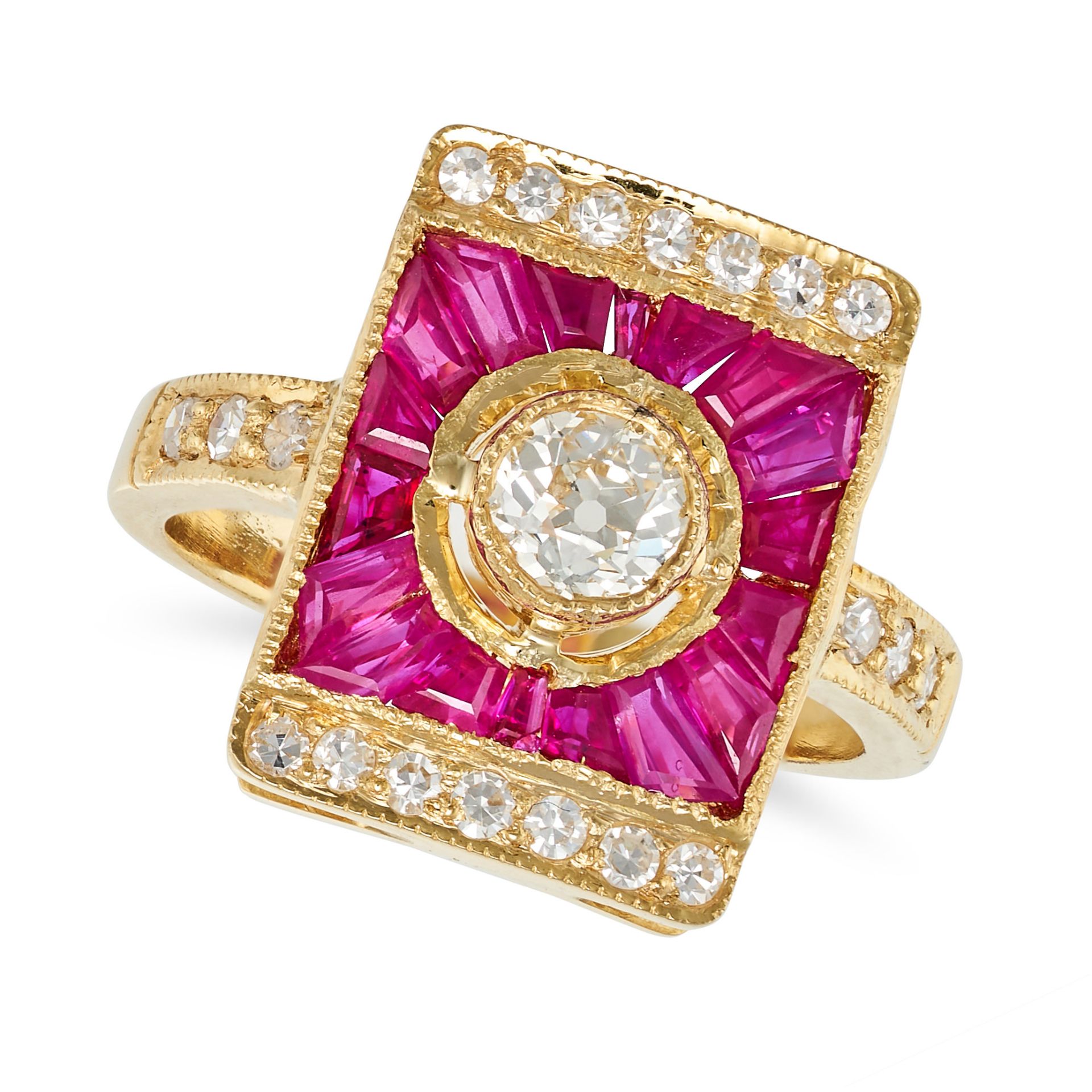 A RUBY AND DIAMOND DRESS RING in 18ct yellow gold, set with an old European cut diamond in a bord...