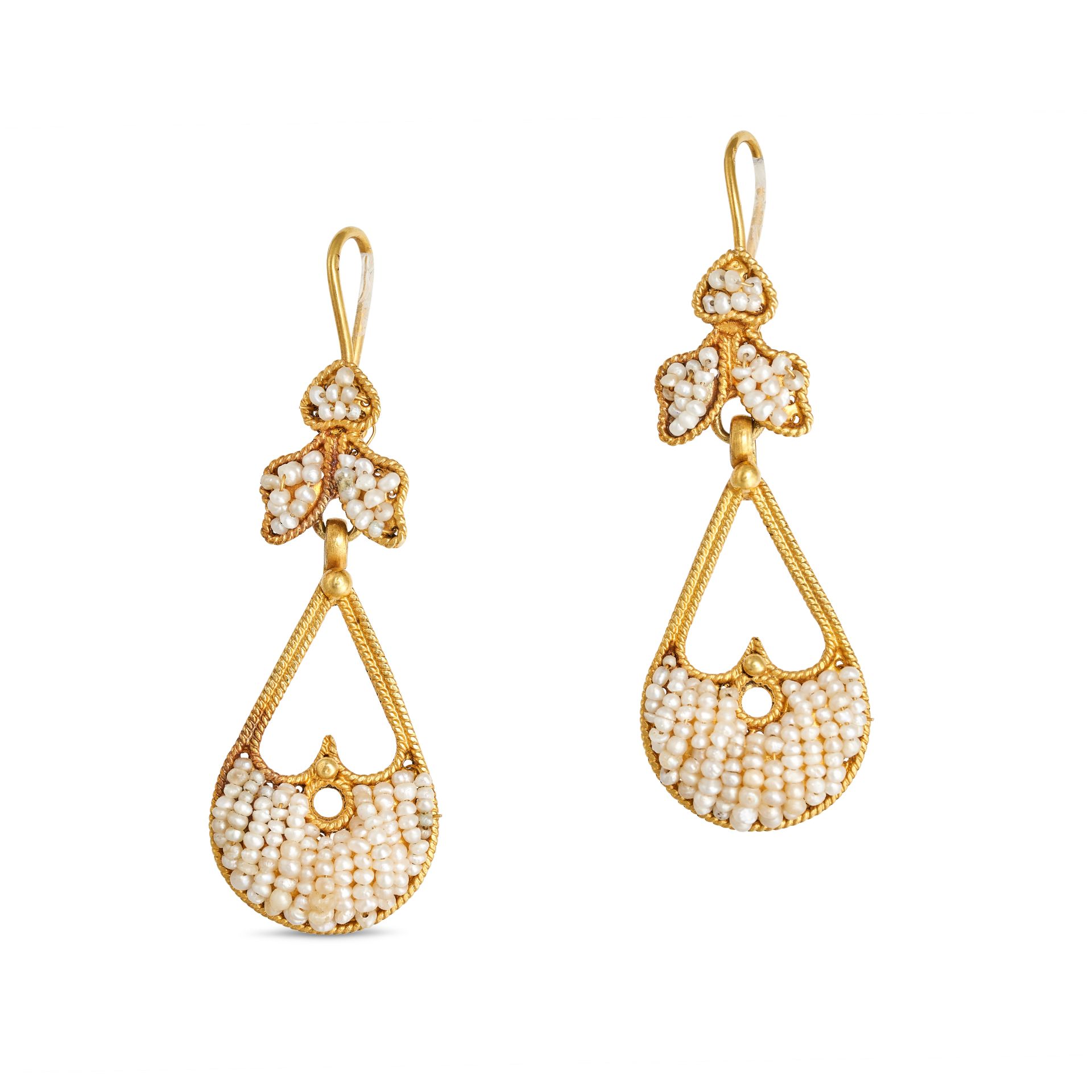 A PAIR OF ANTIQUE SEED PEARL DROP EARRINGS in 18ct yellow gold, each set with three clusters of s...