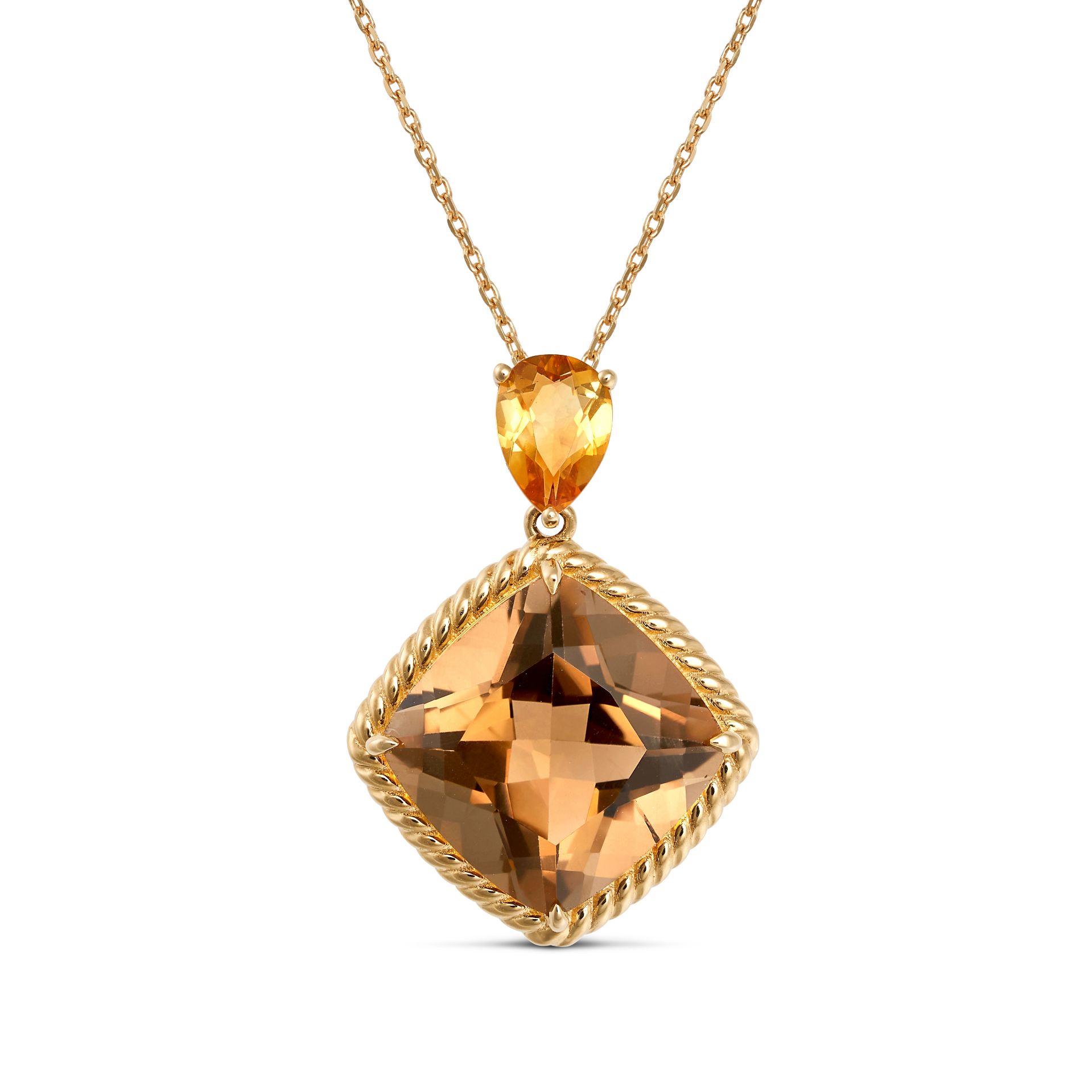 A SMOKEY QUARTZ AND CITRINE PENDANT NECKLACE in 18ct yellow gold, the pendant set with a pear cut...