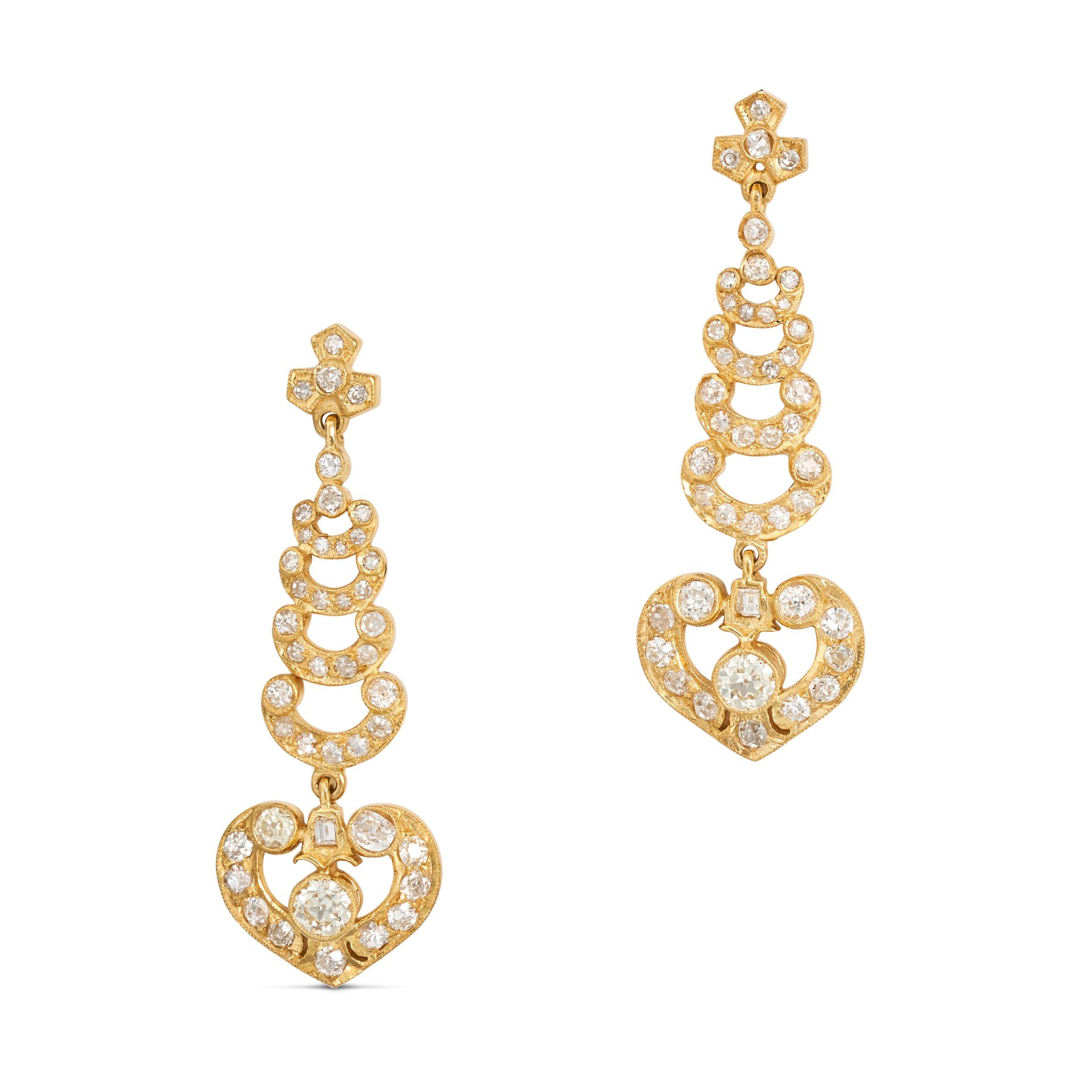 A PAIR OF DIAMOND DROP EARRINGS in yellow gold, each comprising a cluster of old and single cut d...