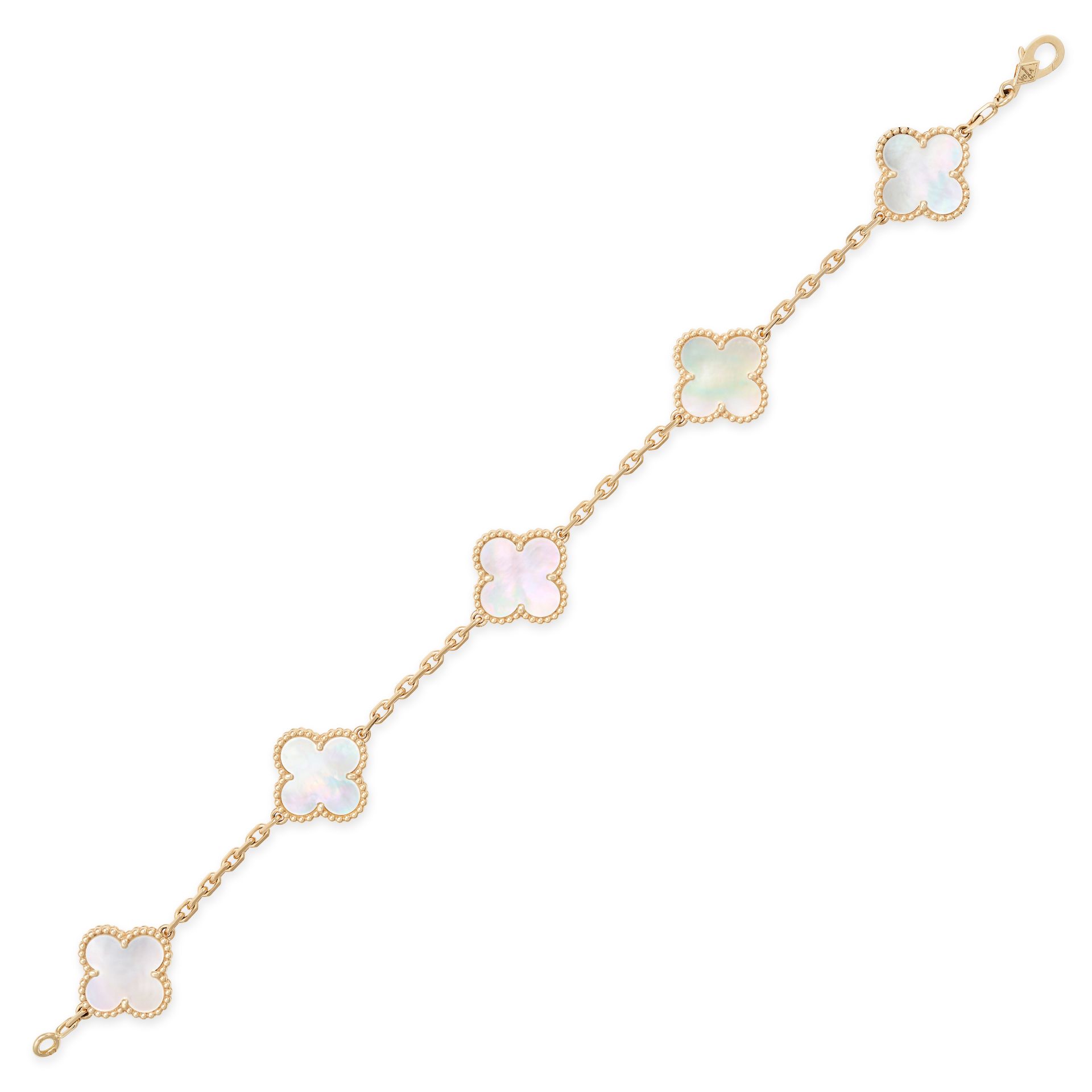 VAN CLEEF & ARPELS, A MOTHER OF PEARL ALHAMBRA BRACELET in 18ct yellow gold, comprising five quat...