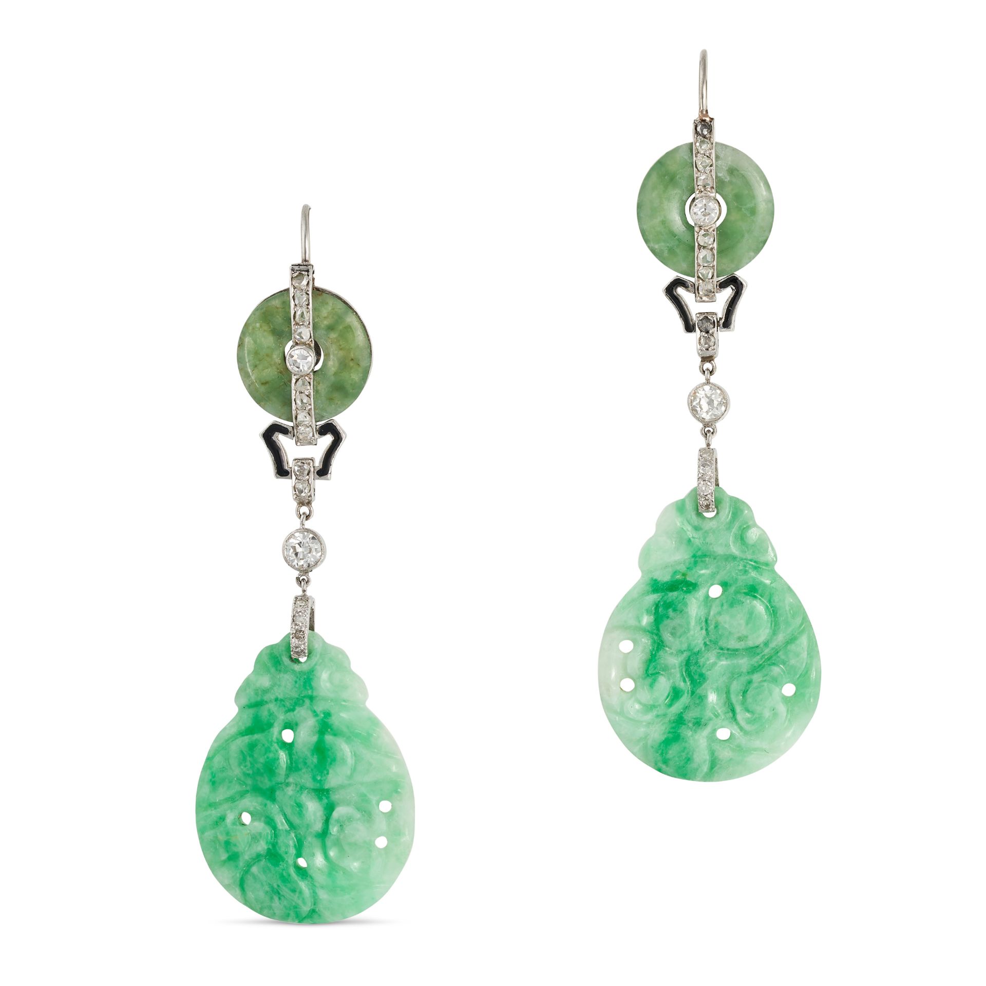 A PAIR OF ART DECO JADEITE JADE, DIAMOND AND ENAMEL DROP EARRINGS each set with a polished jadeit...