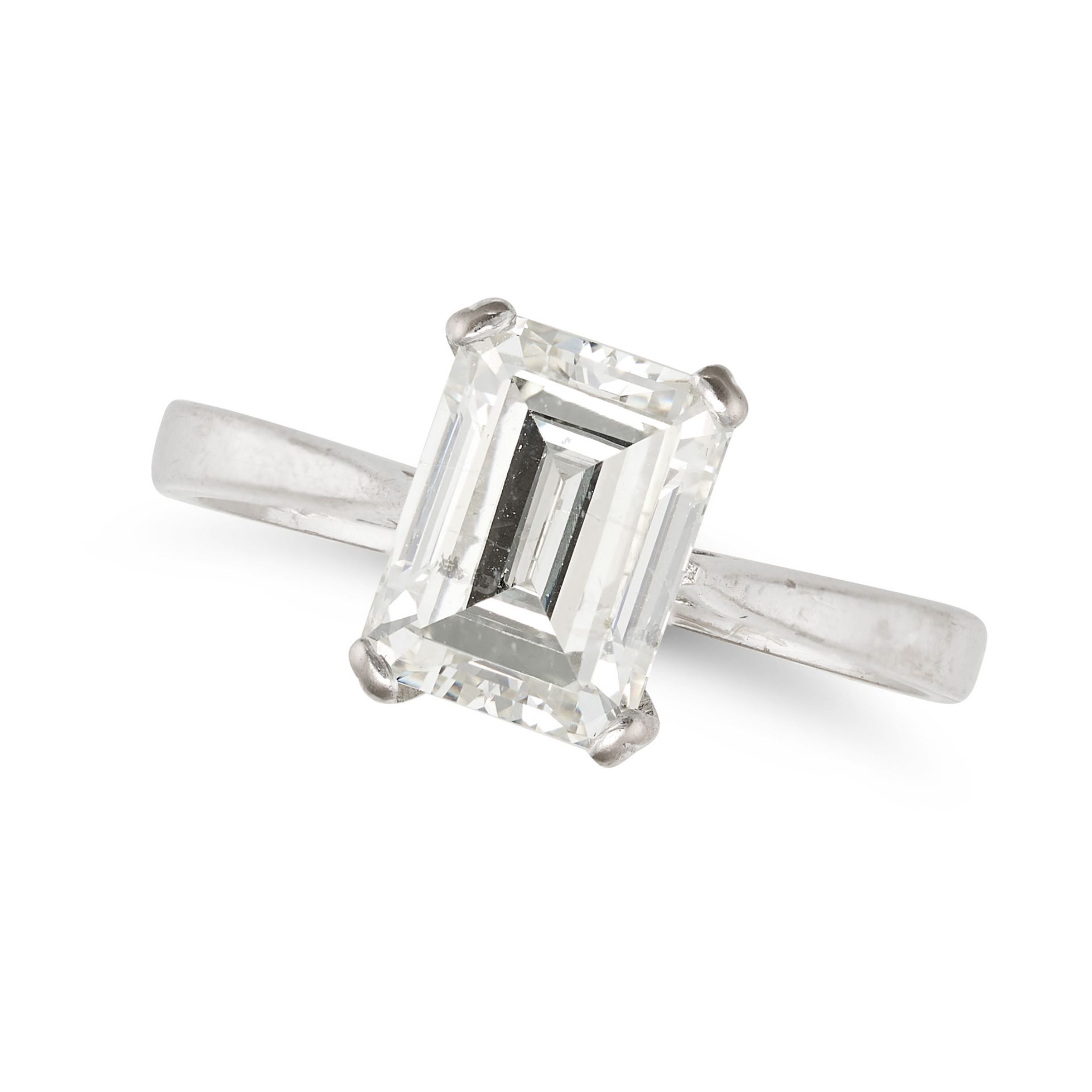 A SOLITAIRE DIAMOND RING in 18ct white gold, set with an emerald cut diamond of 2.07 carats, no a...