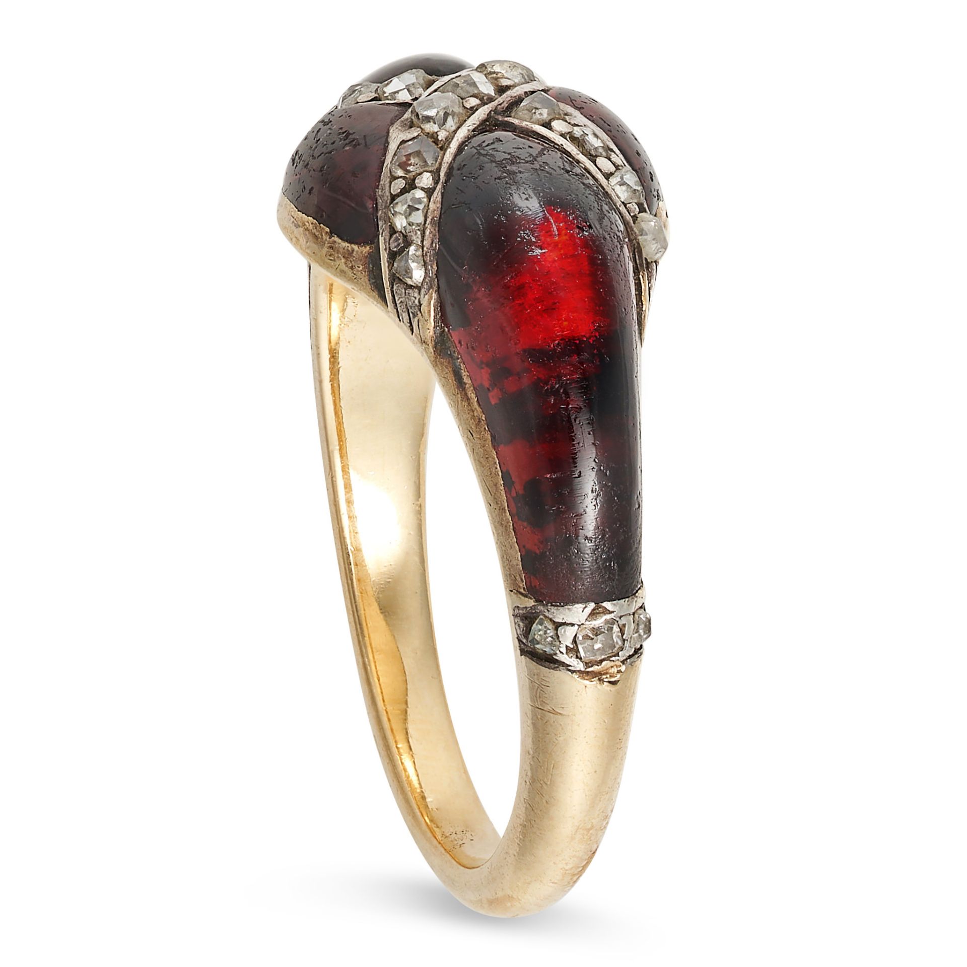 AN ANTIQUE GARNET AND DIAMOND RING in yellow gold, set with cabochon garnets accented by rows of ... - Image 2 of 2