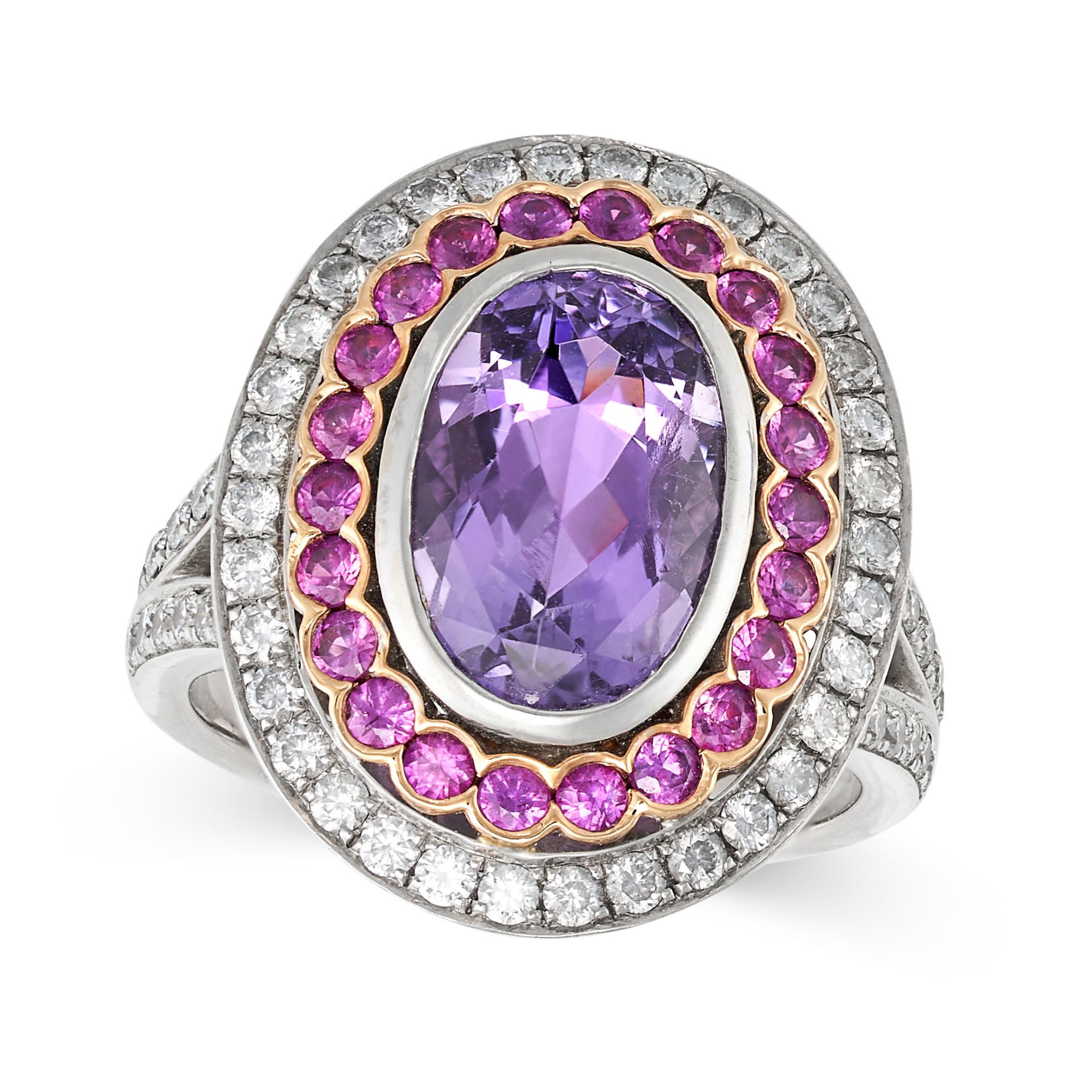 AN AMETHYST, PINK SAPPHIRE AND DIAMOND CLUSTER RING in 18ct white gold, set to the centre with an...