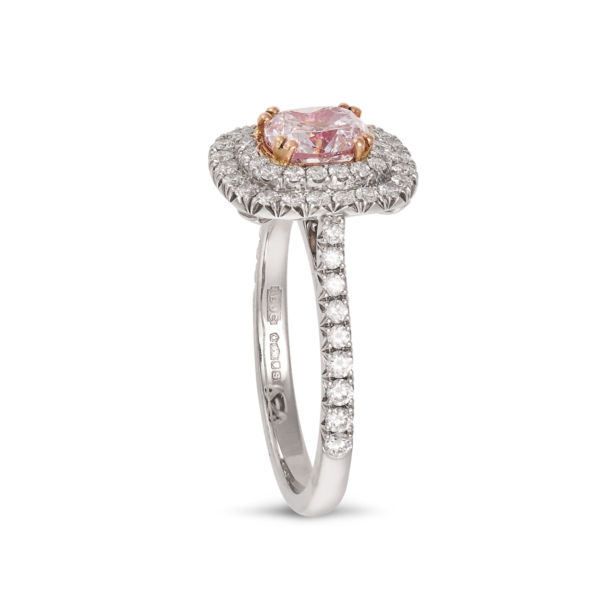 A PINK DIAMOND CLUSTER RING in platinum, set with a cushion cut pink diamond of 1.00 carat in a d... - Image 2 of 2