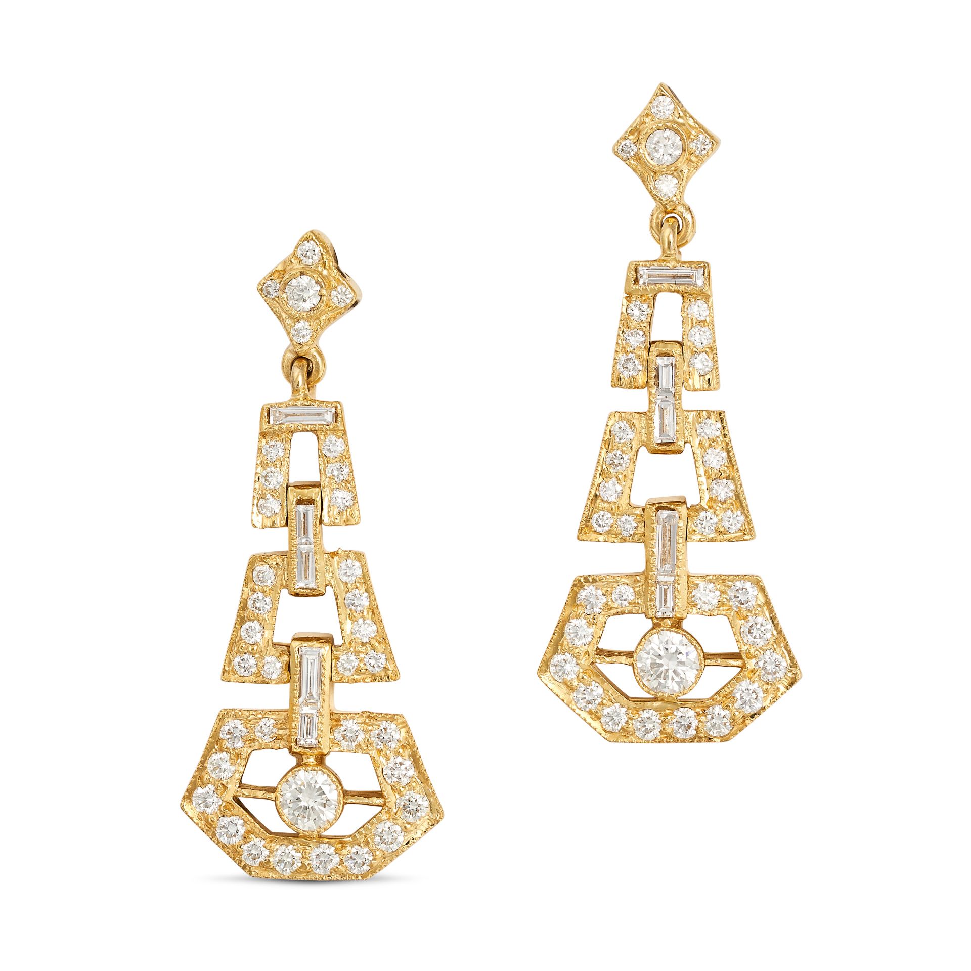 A PAIR OF DIAMOND DROP EARRINGS in yellow gold, comprising a row of links set with round brillian...