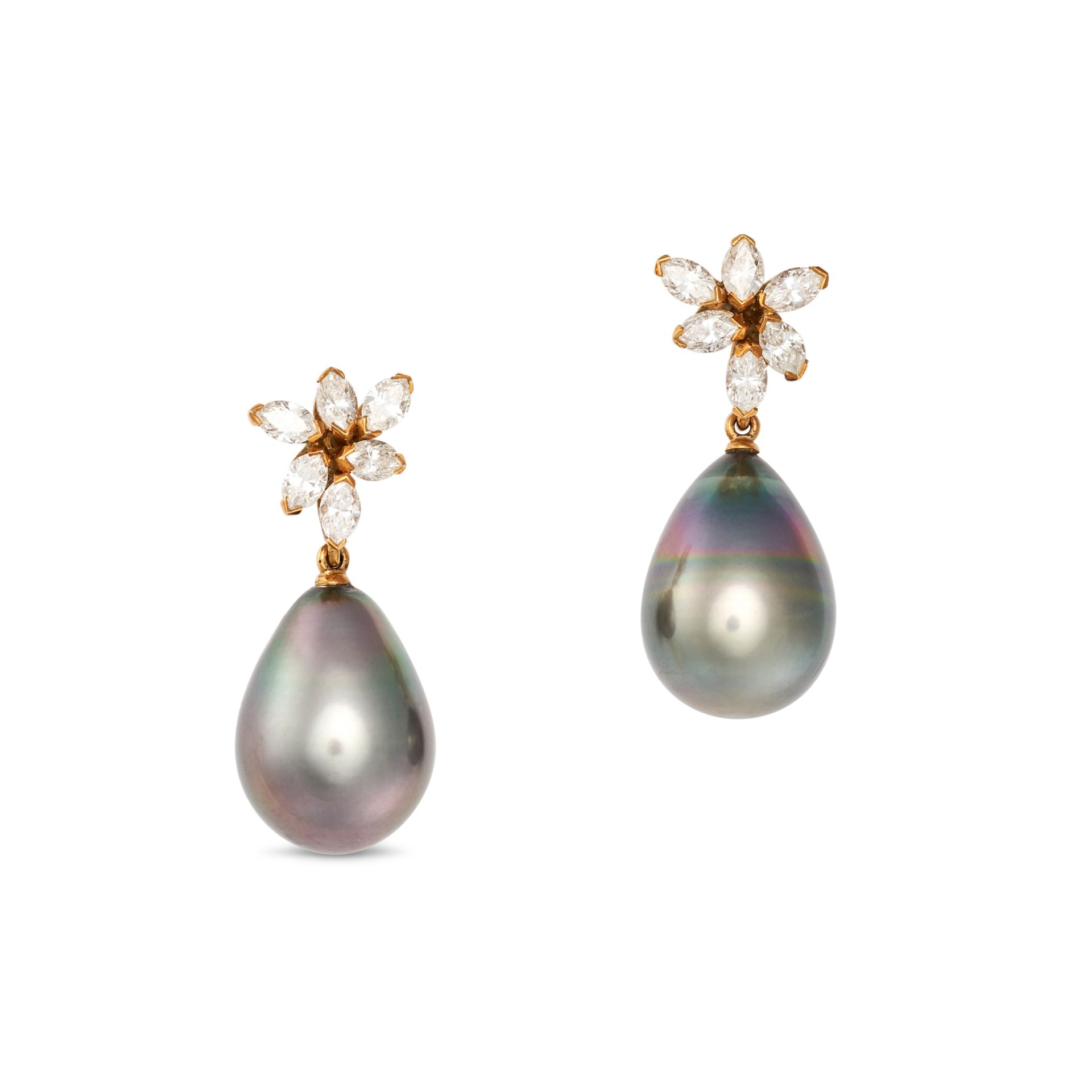 BOODLES, A PAIR OF DIAMOND AND BLACK PEARL DROP EARRINGS in 18ct yellow gold, each comprising a c...