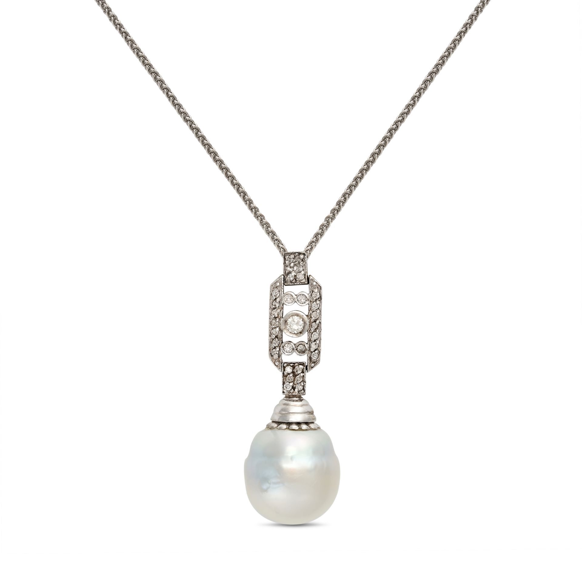 A DIAMOND AND PEARL PENDANT NECKLACE in 18ct white gold, the pendant in geometric design set with...