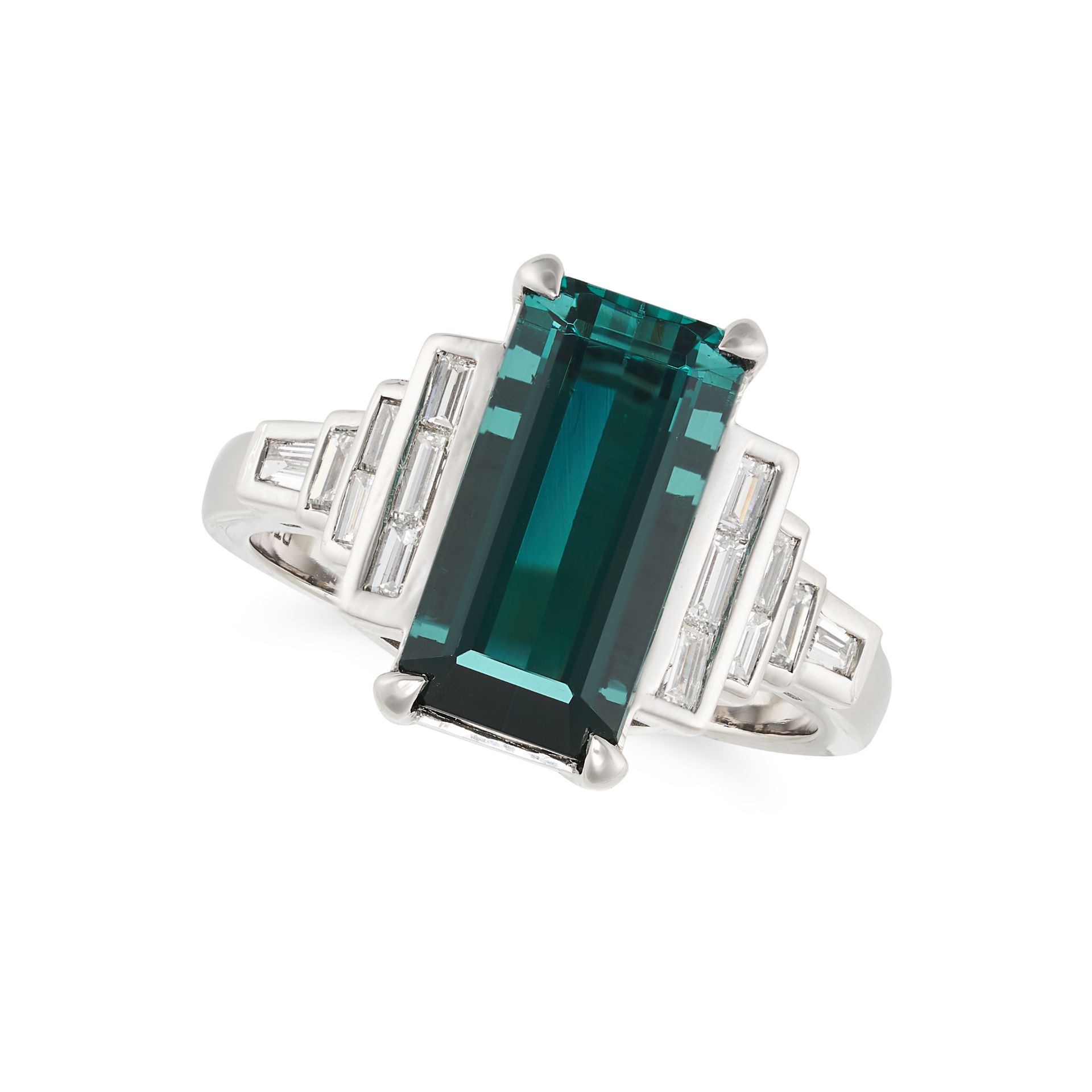 AN INDICOLITE TOURMALINE AND DIAMOND DRESS RING in platinum, set with a rectangular step cut indi...