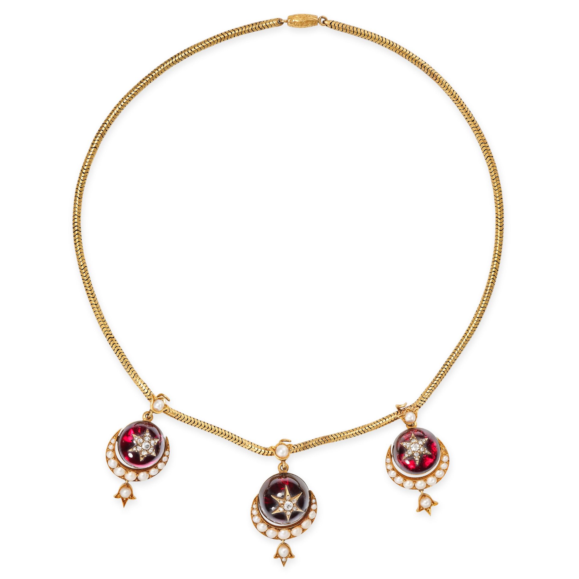 AN ANTIQUE GARNET, PEARL AND DIAMOND NECKLACE in yellow gold, the snake chain suspending three de...