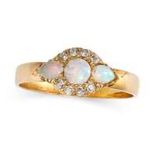 NO RESERVE - AN ANTIQUE OPAL AND DIAMOND RING in 18ct yellow gold, set to the centre with a round...