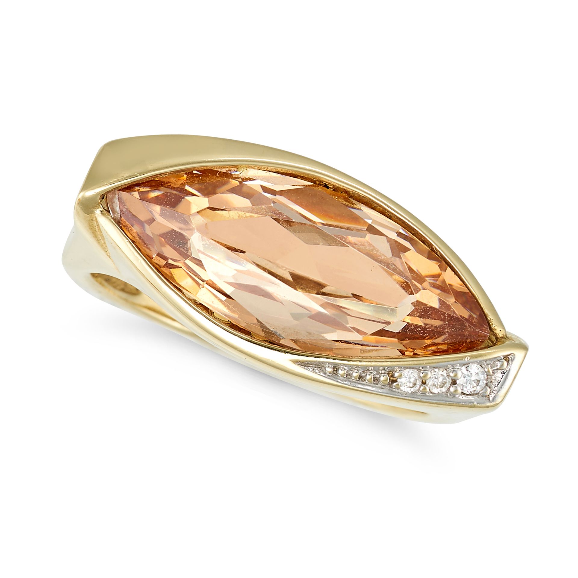 A DIAMOND AND PASTE DRESS RING in 14ct yellow gold, set with a marquise cut peach paste stone acc...