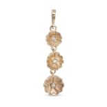 A DIAMOND FLOWER DROP PENDANT in 9ct yellow gold, comprising three flower motifs each set with a ...