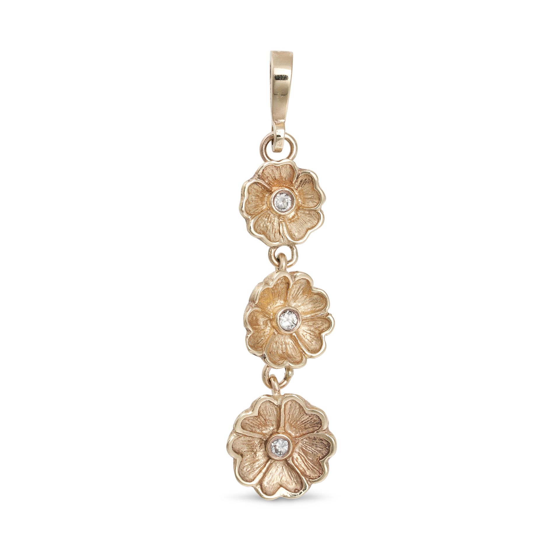 A DIAMOND FLOWER DROP PENDANT in 9ct yellow gold, comprising three flower motifs each set with a ...