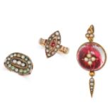 A MIXED LOT OF ANTIQUE JEWELLERY comprising a marquise ring set with faux pearls, an opal and red...