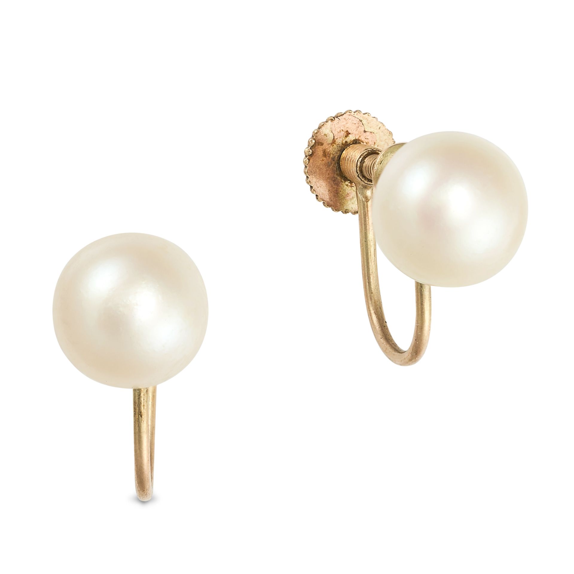 A PAIR OF PEARL EARRINGS in 9ct yellow gold, each set with a pearl of 7.8mm, screw back fittings,...