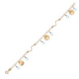 A BLUE TOPAZ BRACELET in 18ct yellow gold, comprising a row of fancy links suspending briolette c...