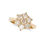A DIAMOND CLUSTER RING in 18ct yellow gold, set with a cluster of round brilliant cut diamonds, t...